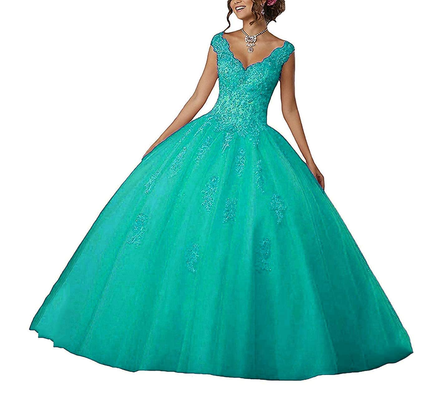 Natasha Girls V-Neck Beaded Lace Quinceañera Dress - Sweet 16 Applique Prom Ball Gown 014 | Perfect for Quinceañeras, Sweet 16 Parties, Prom Nights & Formal Dances