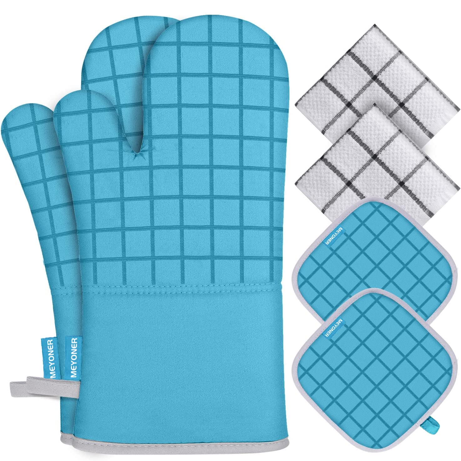 Heat Resistant Oven Mitts & Pot Holders Set - 500°F Safe Kitchen Mitts with Dish Towels & Dishcloths, 6-Piece Turquoise Set for Baking, Cooking & Grilling - Includes Hanging Loop for Easy Storage