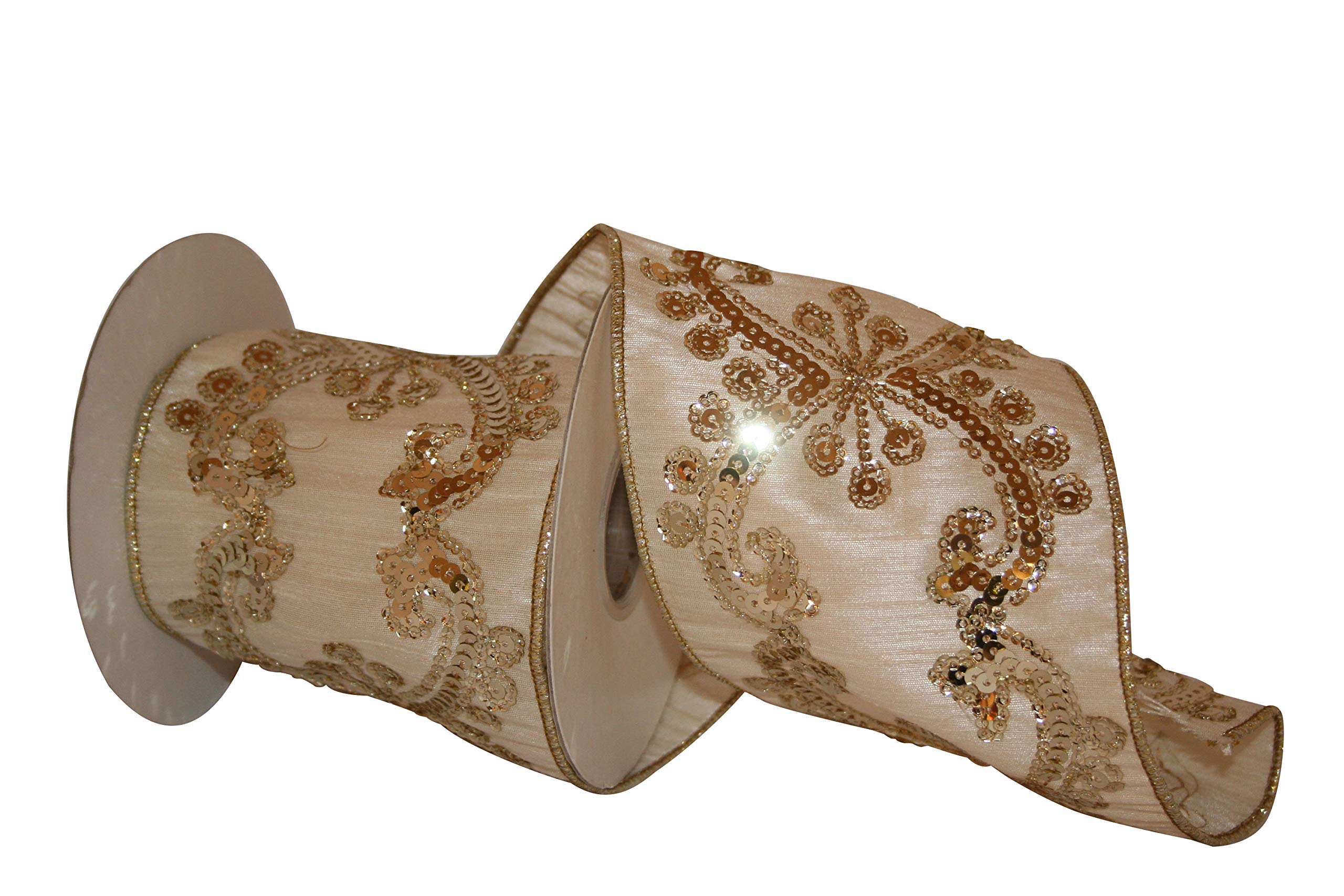 Reliant Ribbon Dubai Sequin Wired Edge Ribbon - 4 Inch x 5 Yards, Ivory - Perfect for Gift Wrapping, Wedding Decorations, and DIY Crafts