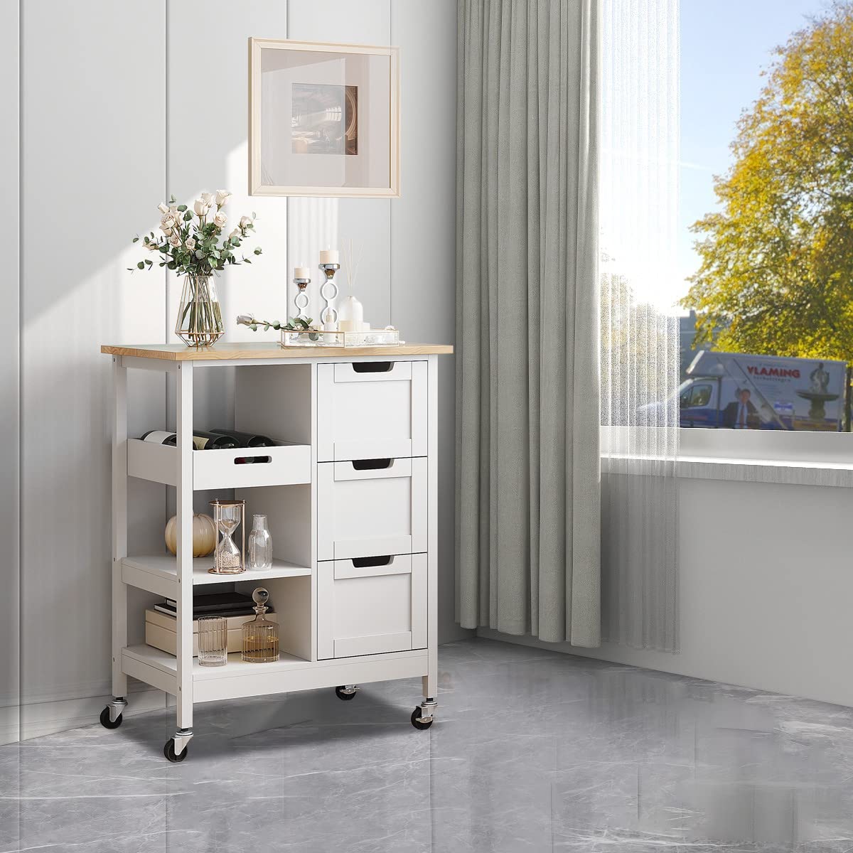YITAHOME Small Solid Wood Kitchen Island Cart with Wheels and Storage - 3 Drawers Mobile Cabinet in Oak & White - Perfect for Dining Room Serving, Kitchen Organization, and Portable Utility Cart for Small Spaces