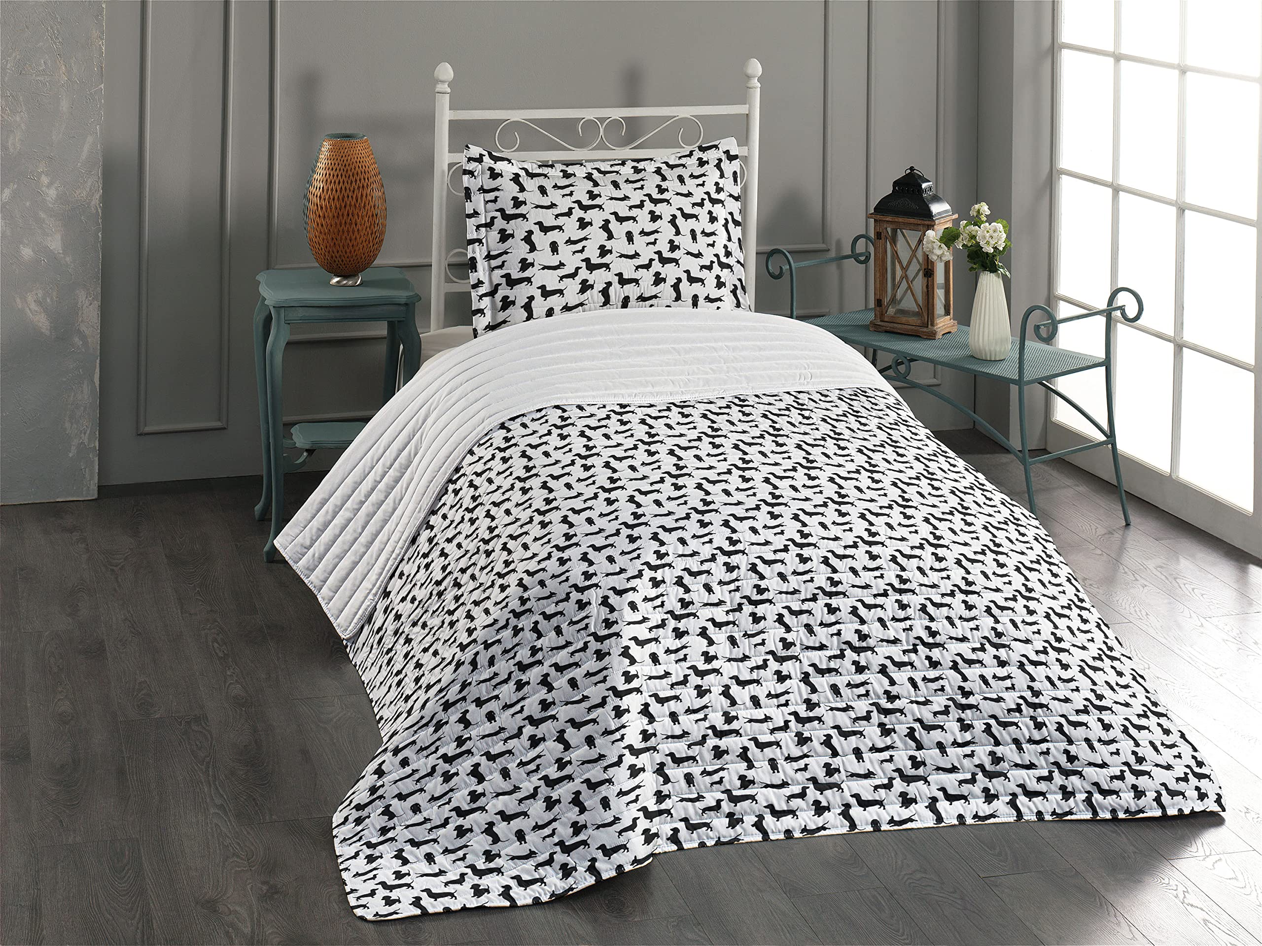 Ambesonne Dachshund Dog Lover Microfiber Bedspread Set - Twin Size Black & White Abstract Dog Print Comforter with Pillow Sham | Soft Pet Themed Bedding for Dog Owners | Perfect for Bedrooms, Dorm Rooms & Pet-Friendly Spaces