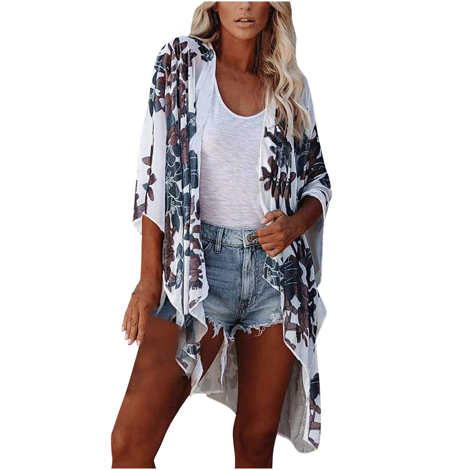Women's Printed Kimono Cardigan - Flowy Chiffon Loose Blouse with Pockets | Open Front Cover-Up Dress for Beach, Vacation & Boho Style Outfits