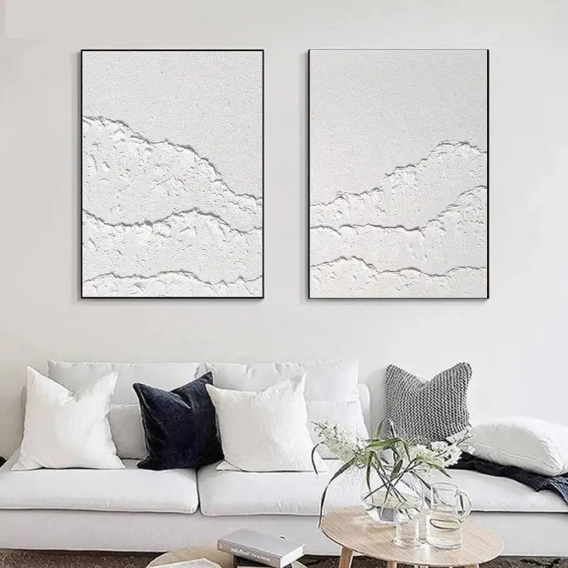 Minimalist White Textured Canvas Paintings - Set of 2 Modern Abstract Wall Art (#MM067) for Living Room, Bedroom & Office Decor