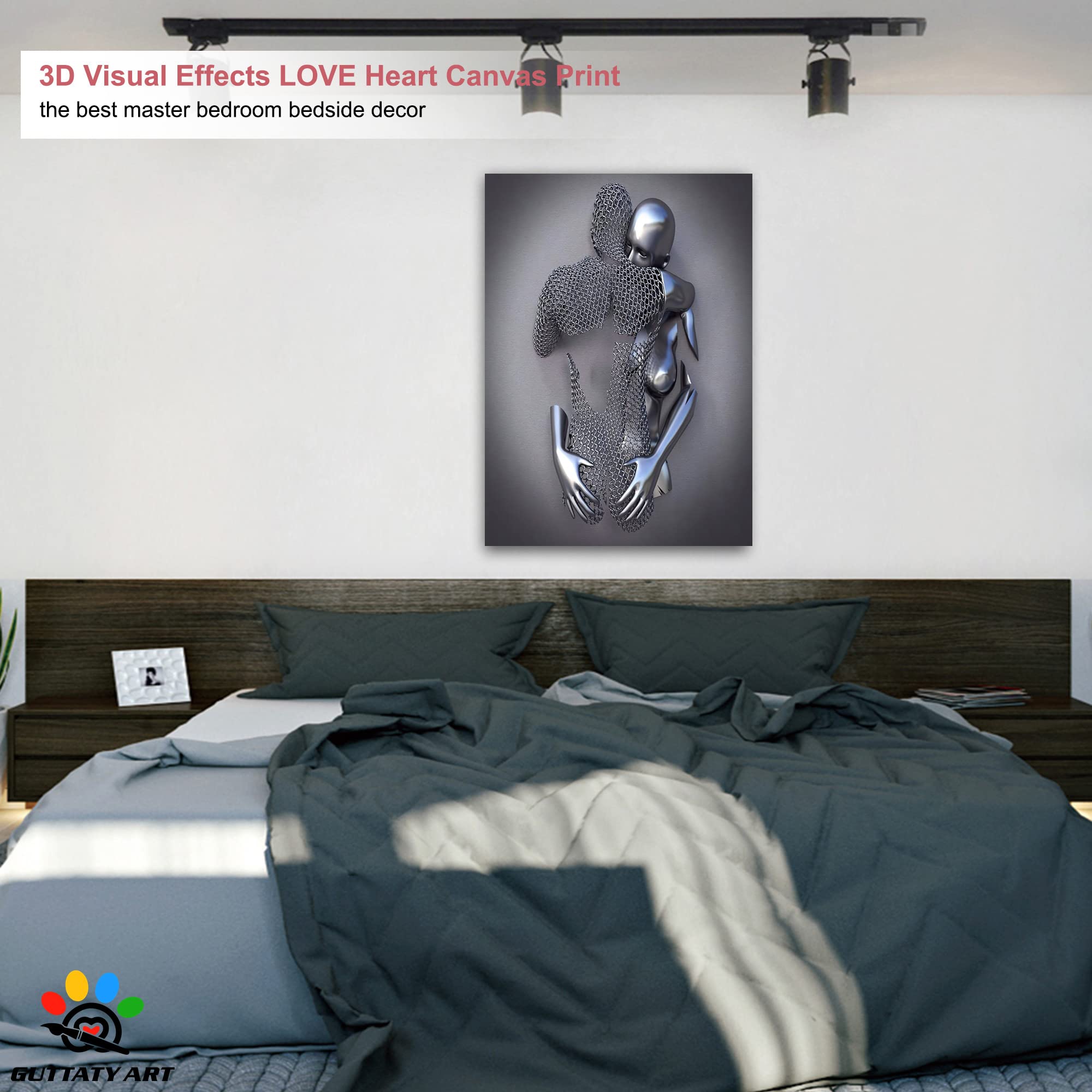 3D Metal Effect Love Heart Gray Canvas Wall Art - Romantic Hugging Couple Painting for Bedroom & Living Room Decor - Valentine's Day Gift for Couples (28x40 Inches) - Perfect for Anniversary, Wedding, and Home Interior Design
