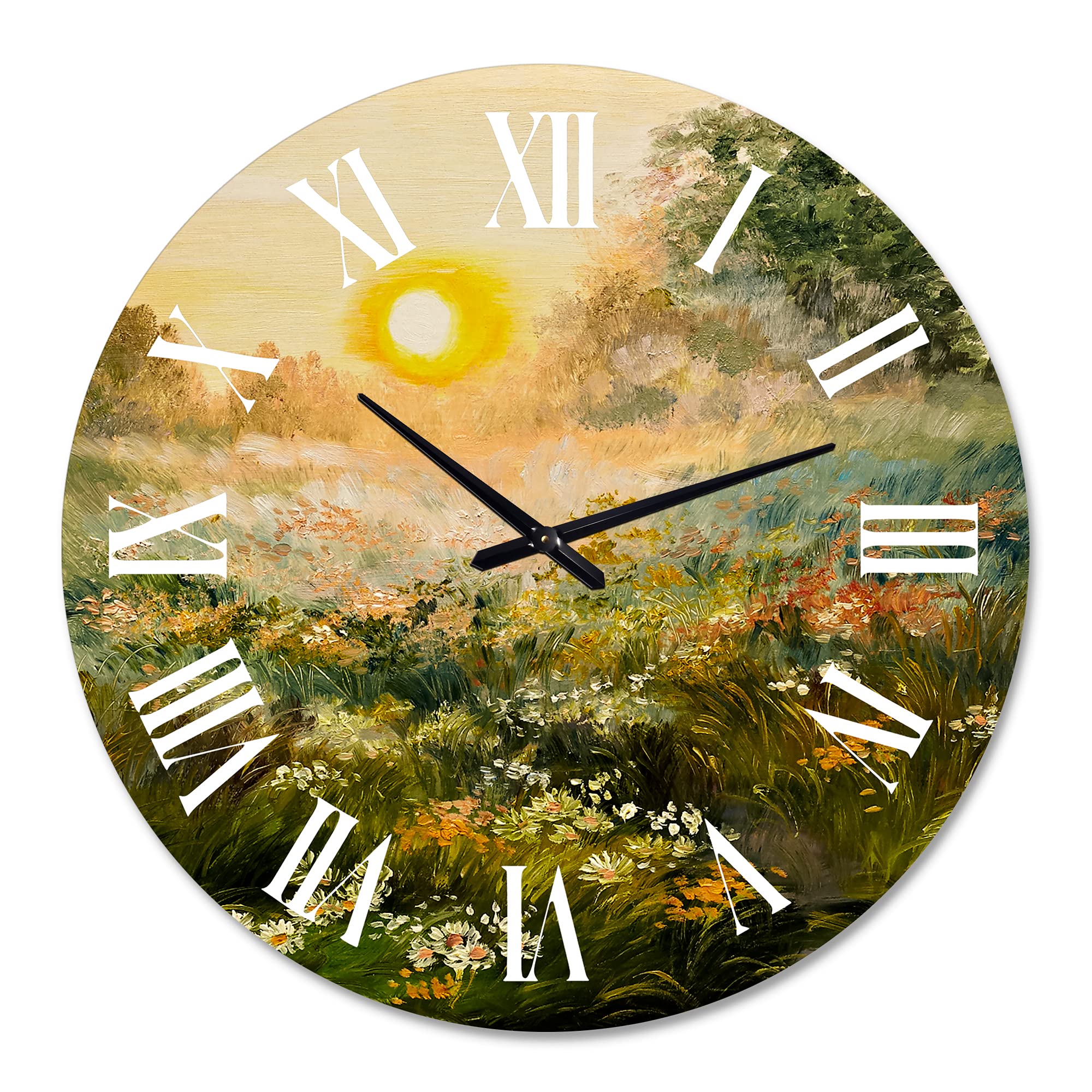 Farmhouse Wall Clock - 'Sunrise in The Blossoming Field' Landscape Design, Large Rustic Wall Decor for Living Room, Kitchen & Bedroom | Perfect for Home, Office & Cabin Decor