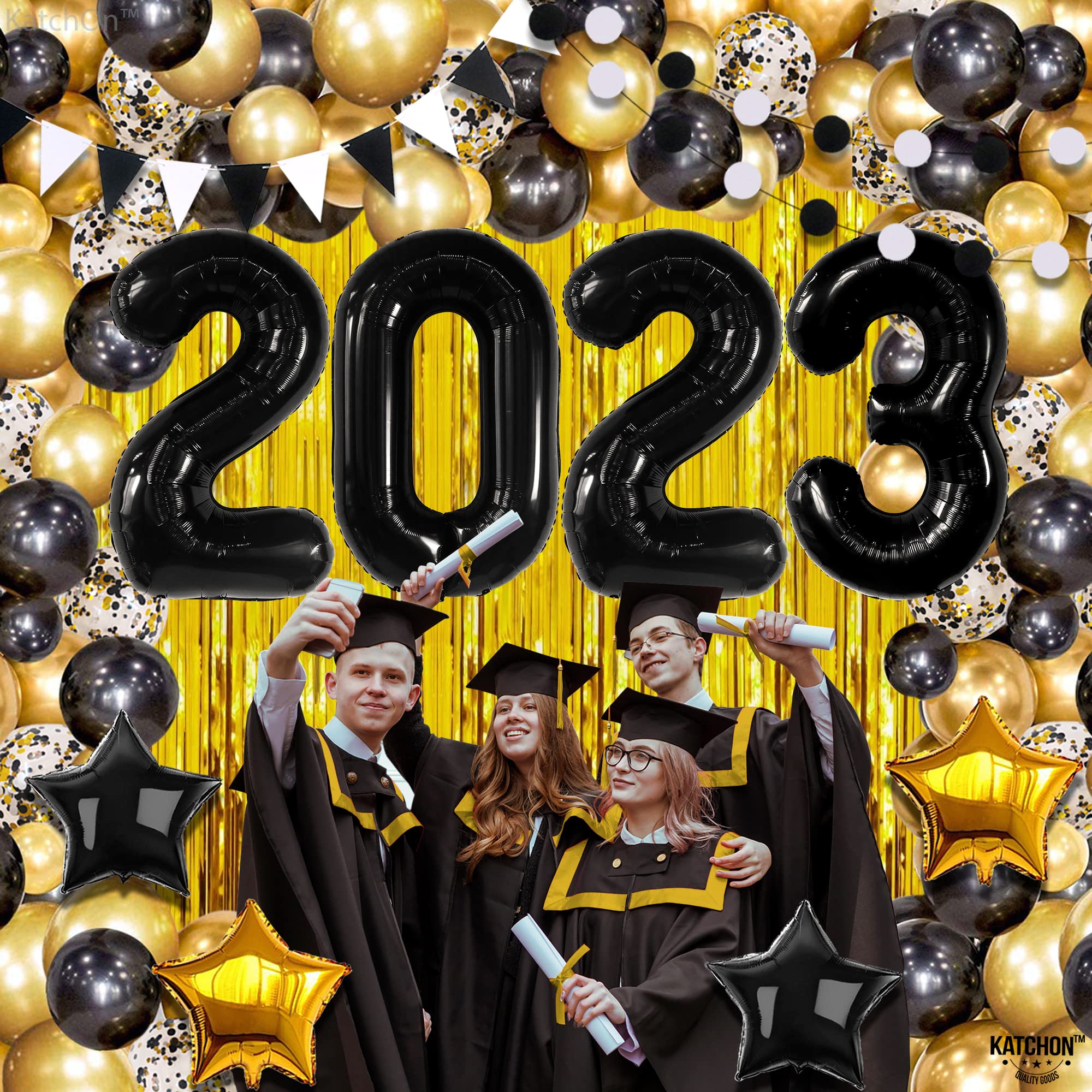 KatchOn 2023 Graduation Balloon Arch Kit - 90-Piece Black & Gold Graduation Decorations Set for Class of 2023 | Includes Backdrop & Party Supplies | Perfect for Graduation Ceremonies, Photo Booths & Grad Parties