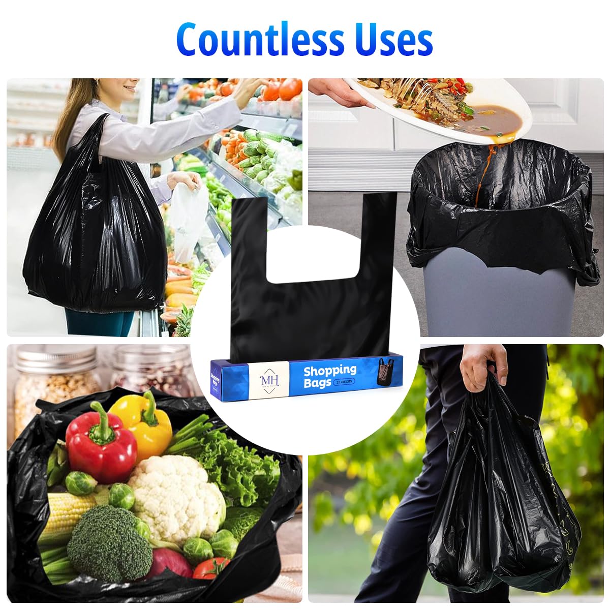Black Plastic Bags With Handles - 100 Count (4 Boxes of 25) for Small Business, Retail Stores & Restaurants - Durable Grocery Shopping & Merchandise Bags - Perfect for Office Wastebaskets, Kitchen Trash & Commercial Use