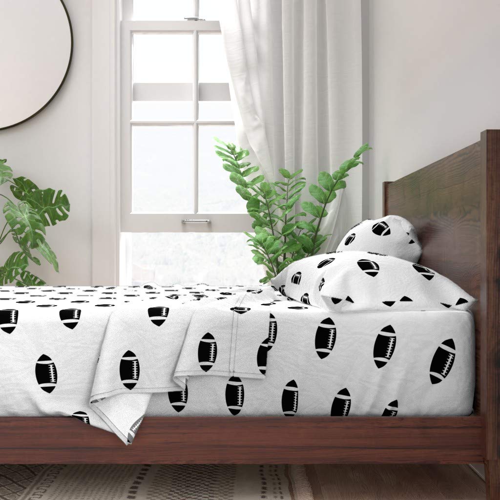 100% Cotton Queen Size 4-Piece Sheet Set - Football Theme Black & White Sports Print Custom Bedding for Boys | Soft Breathable Bed Sheets for Kids' Room, Dorm & Sports-Themed Decor