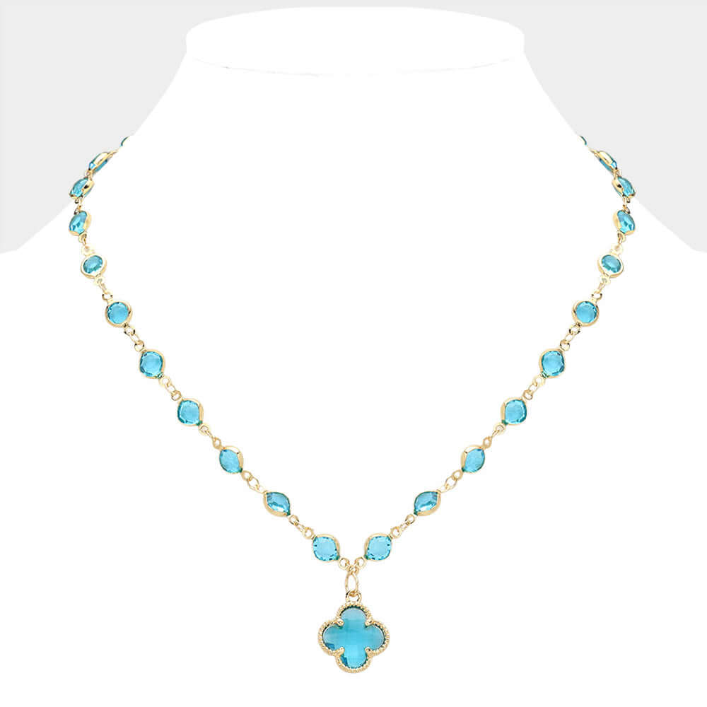 Blue Quatrefoil Pendant Rhinestone Necklace for Women - Elegant Bezel Station Jewelry for Party, Wedding & Evening Wear