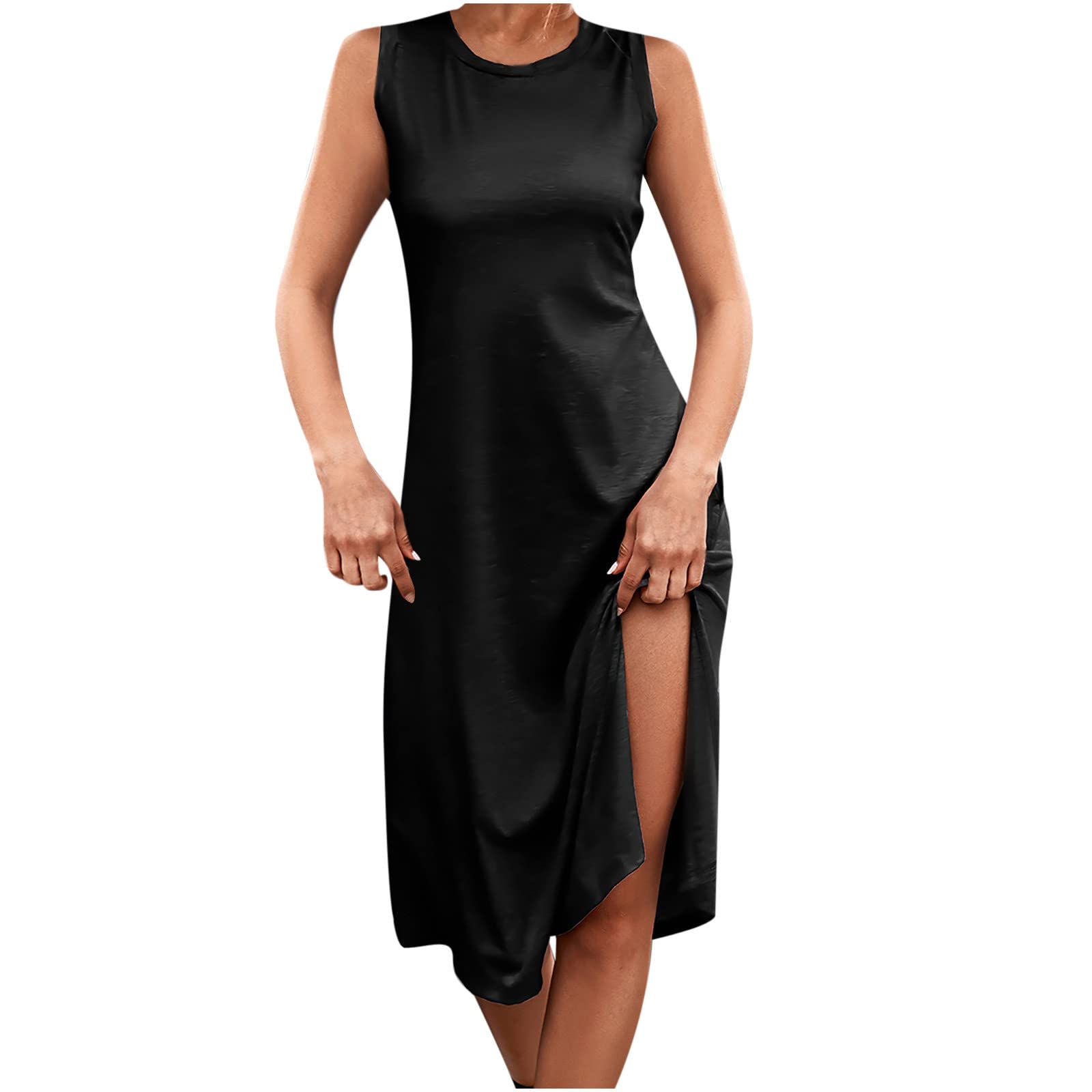 Women's Summer Sleeveless Slit Dress - Crewneck Solid Color Casual Beach Sundress for Outdoor Parties, Vacations & Date Nights