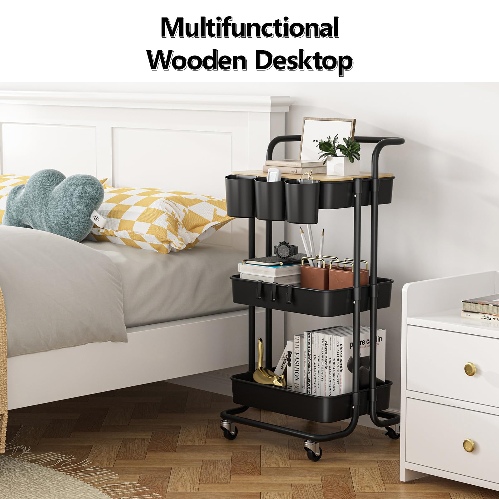 3 Tier Rolling Utility Cart with Lockable Wheels, Metal Handle & Plastic Storage Baskets - Perfect for Kitchen, Bathroom, Office & Classroom Organization - Black
