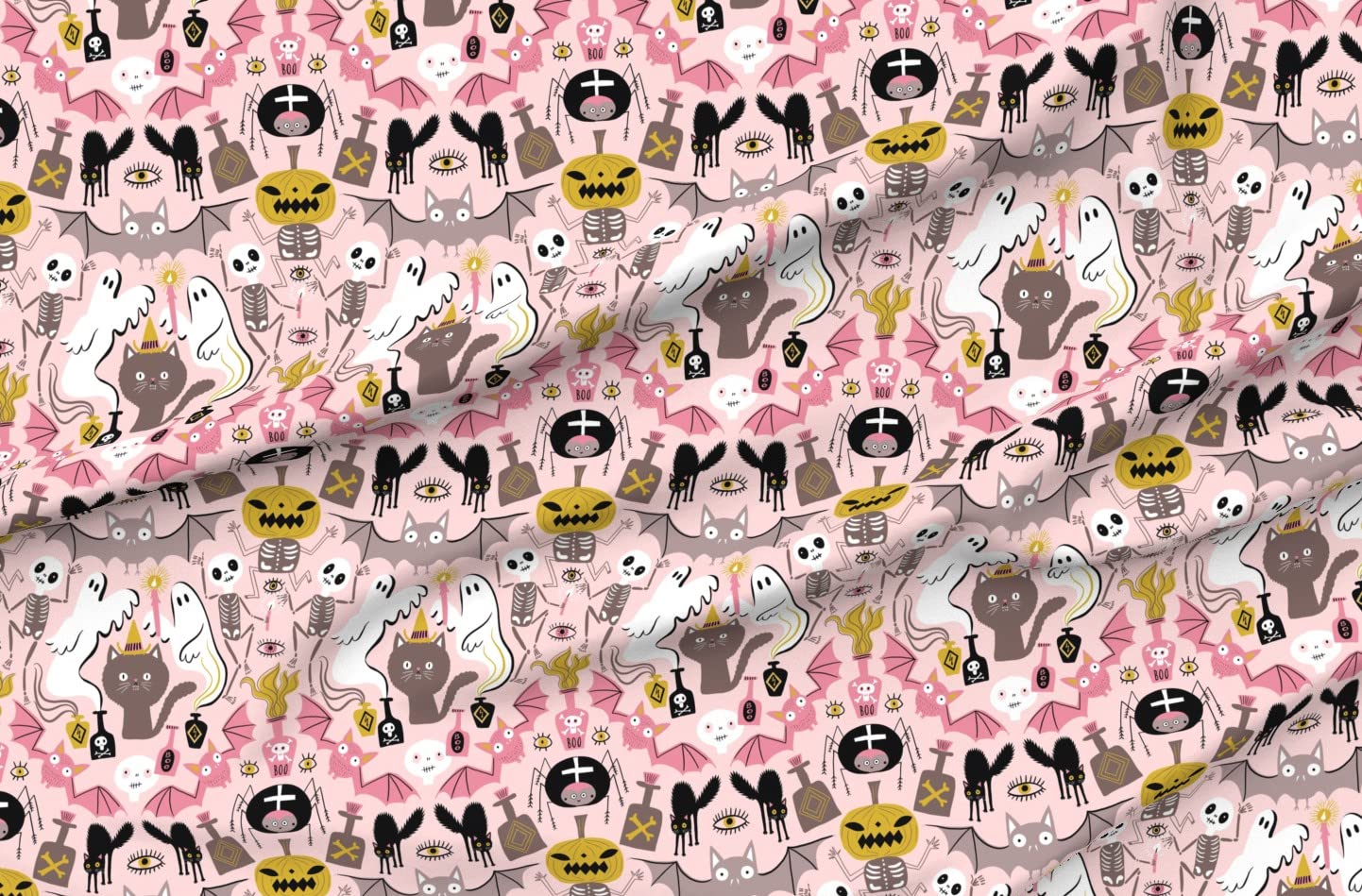 Halloween Cat Rose Bat Skull Skeleton Printed Satin Fabric - Scary Pastel Spider Design for Sewing, Apparel, Blankets & Home Decor - Perfect for Costumes, Quilting & DIY Crafts