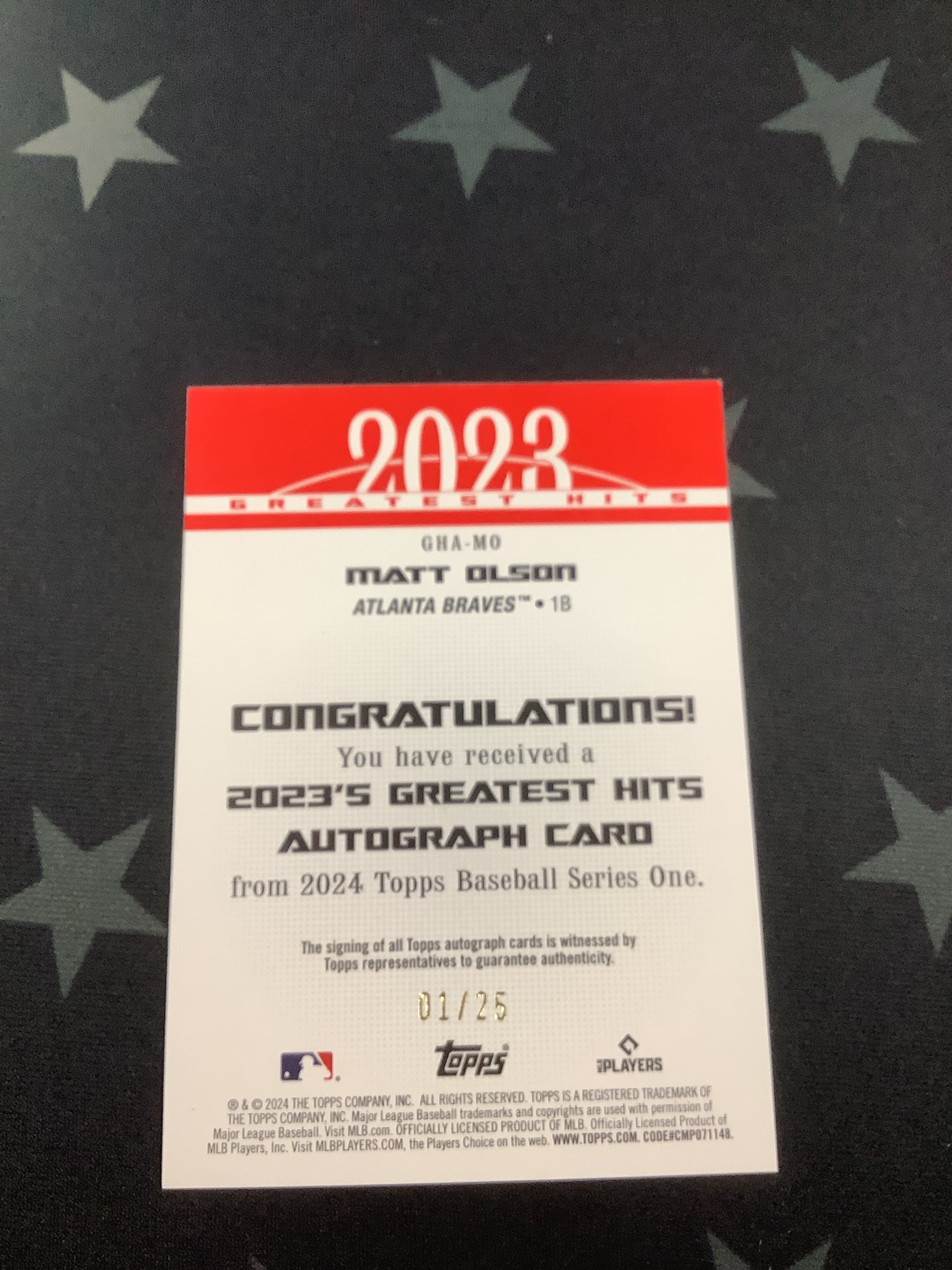 2024 Topps Matt Olson 2023 Greatest Hits Autograph #GHA MO /25 Atlanta Braves Baseball Card - Perfect for Collectors, Fans, and Sports Memorabilia Enthusiasts
