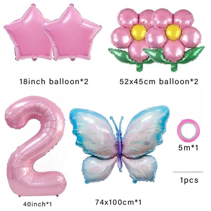 Pink & Blue Butterfly Fairy Floral Foil Balloons - 2nd Birthday Party Decorations for Girls, Baby Shower Supplies | Perfect for Indoor/Outdoor Birthday Parties, Gender Reveals & Special Celebrations