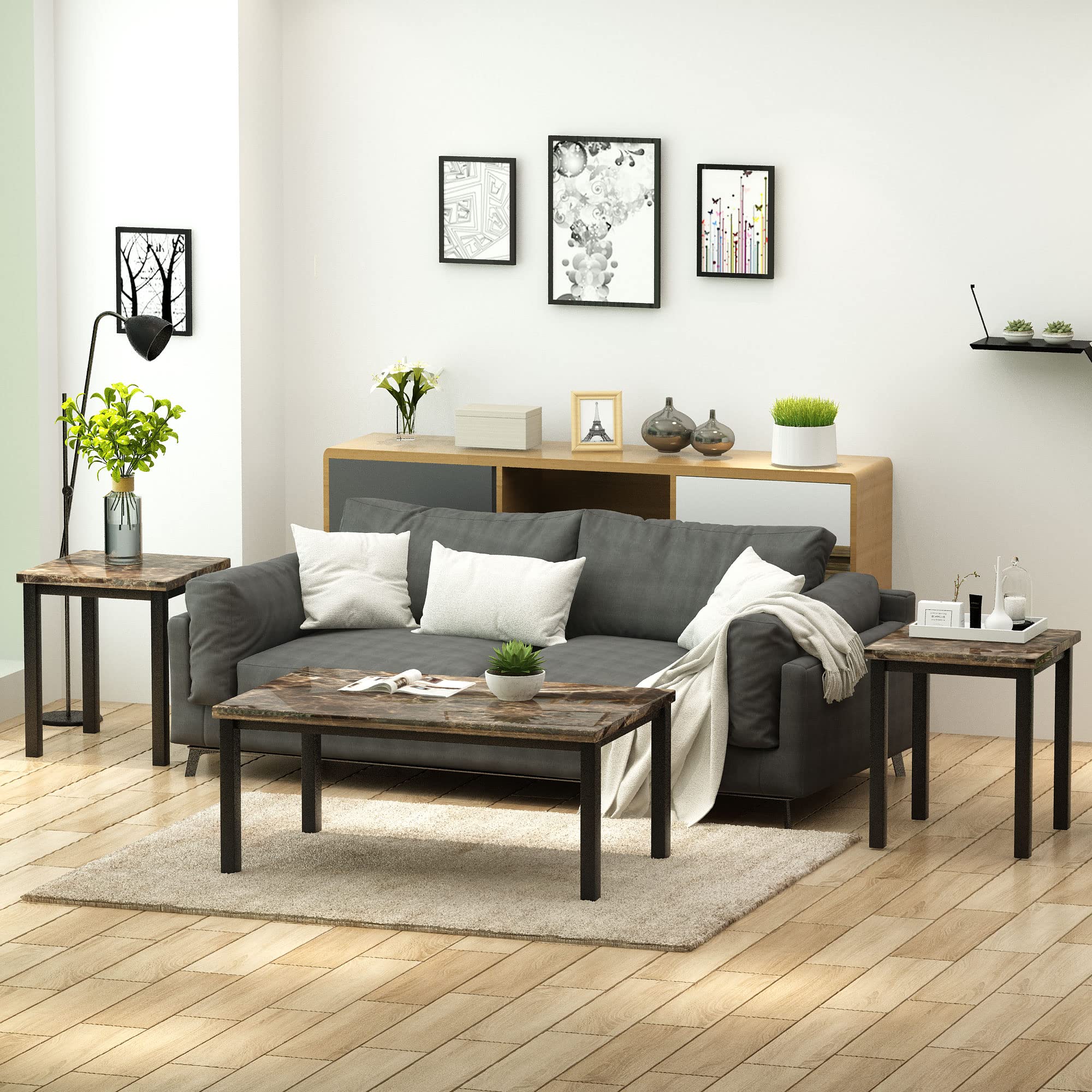 AWQM Faux Marble Coffee Table Set of 3 - Modern Accent Table & 2 End Tables for Living Room with Black Metal Frame & Brown Marble Top - Perfect for Sofa, Lounge & Home Decor