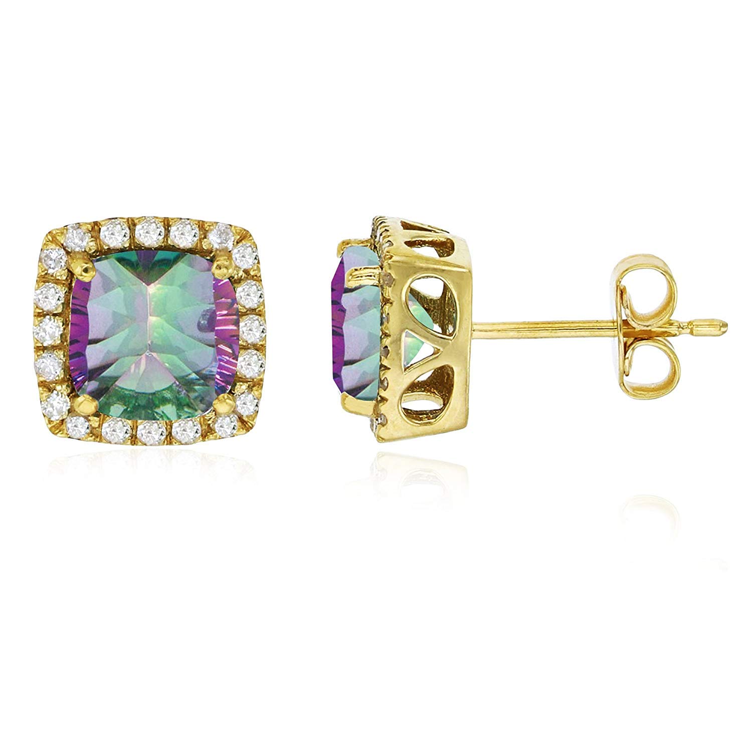 14K Yellow, White & Rose Gold 6mm Round Gemstone Stud Earrings with 0.2 CTTW Diamond Halo - Perfect for Weddings, Anniversaries & Special Occasions