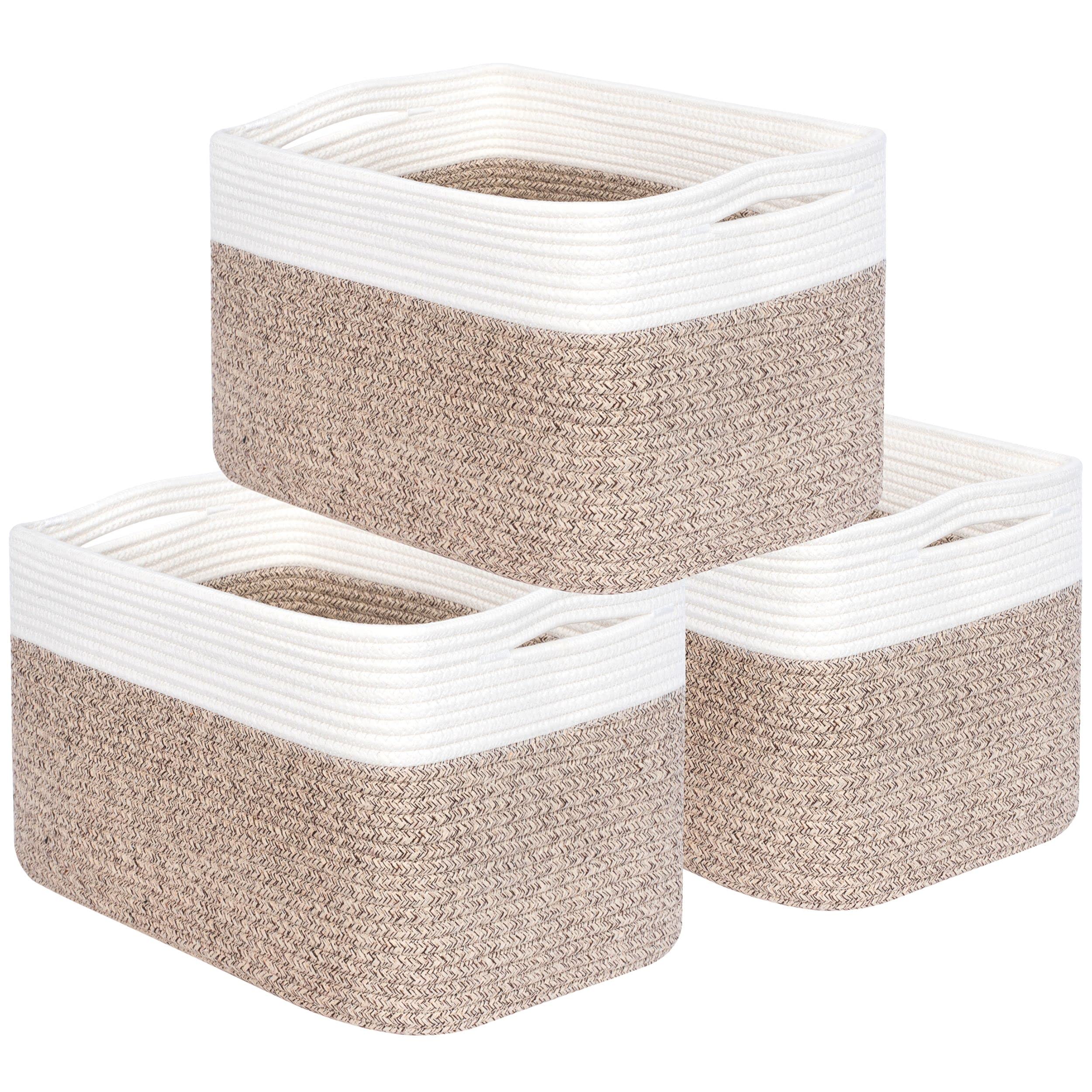 MINTWOOD 3-Pack Woven Storage Baskets - Light Brown Decorative Cube Bins for Shelves, Playroom, Classroom & Nursery Organization | Perfect for Kids' Toys, Books & Closet Storage