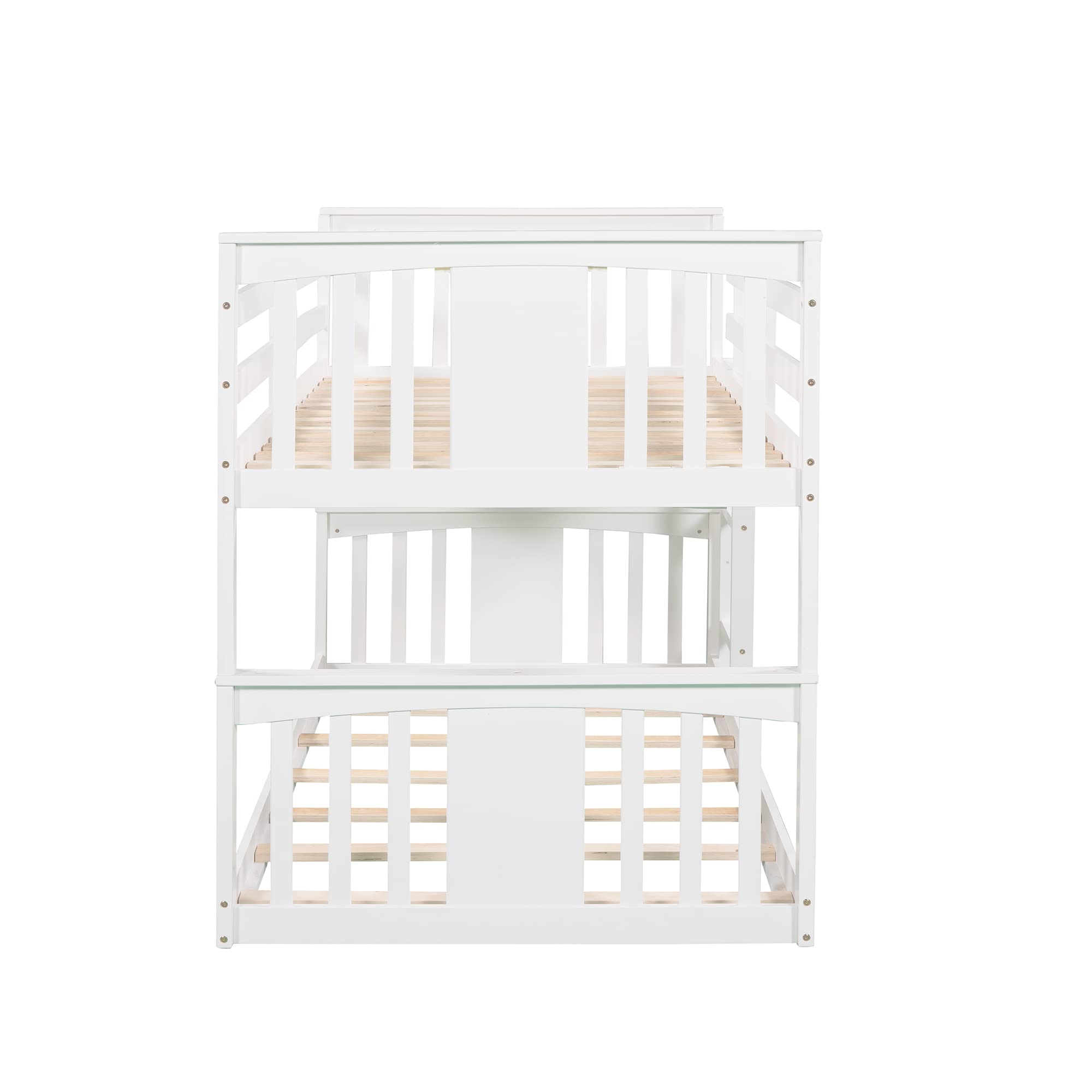 Wooden Twin Over Twin Kids Bunk Bed with Ladder - Low Profile White Bunk Bed Frame for Children's Room, Sleepovers & Small Spaces