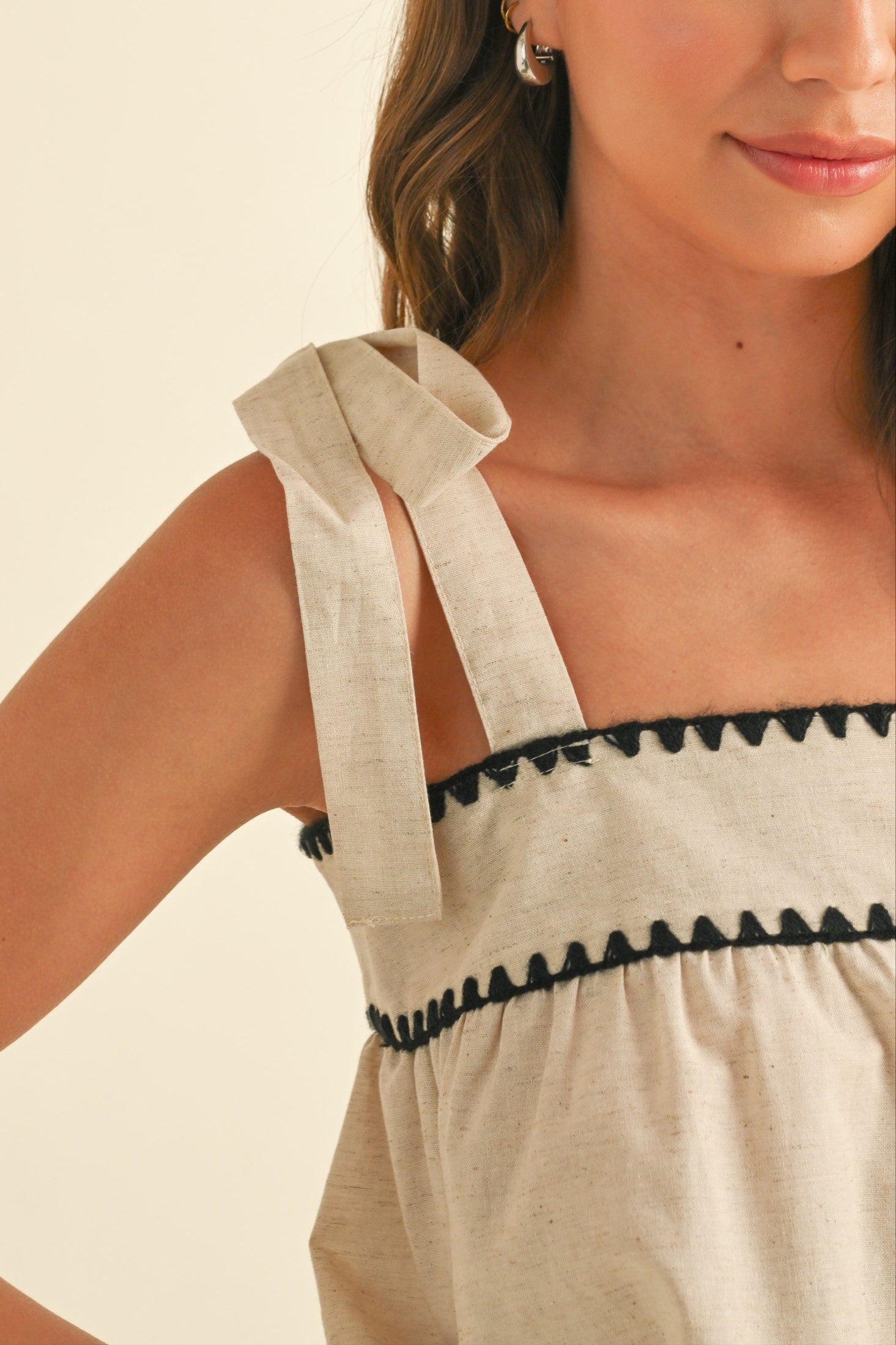 Wavy Baby Trim Linen Top for Women - Soft Breathable Black Blouse | Perfect for Summer, Beach Vacations & Casual Outings