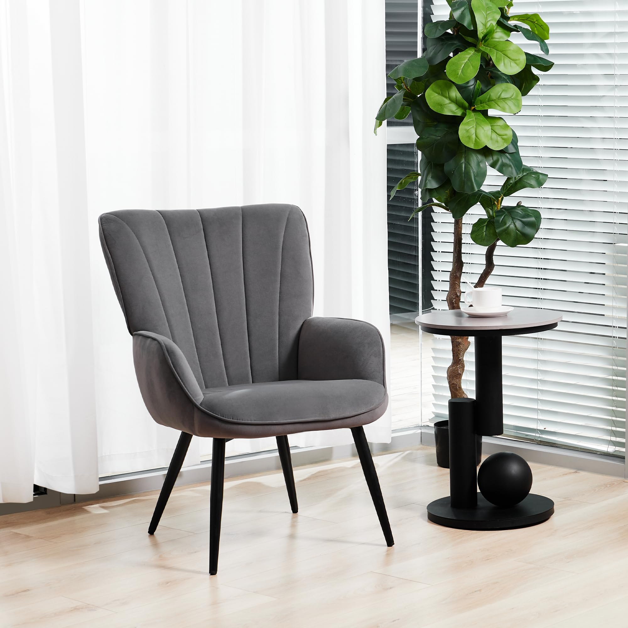 PrimeZone Velvet Accent Chair - Mid Century Modern Wingback Armchair with Metal Legs for Living Room, Bedroom & Home Office | Soft Upholstered Reading Chair in Grey | Perfect for Relaxing, Reading & Enhancing Home Decor