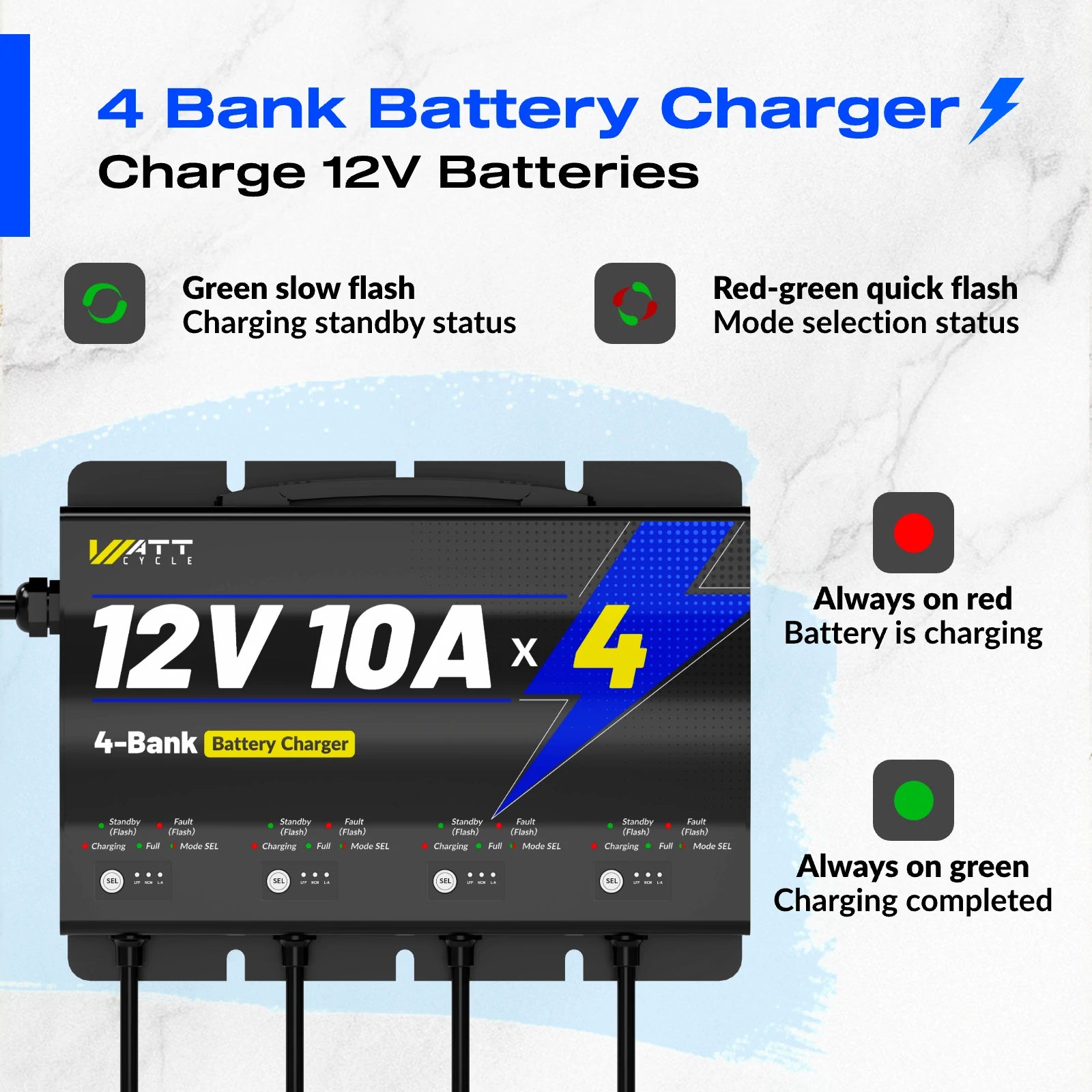 12V 10A 4 Bank Smart Battery Charger - Fast Charging for Marine, RV, ATV, and Car Batteries - Perfect for Boating, Camping, and Off-Road Adventures