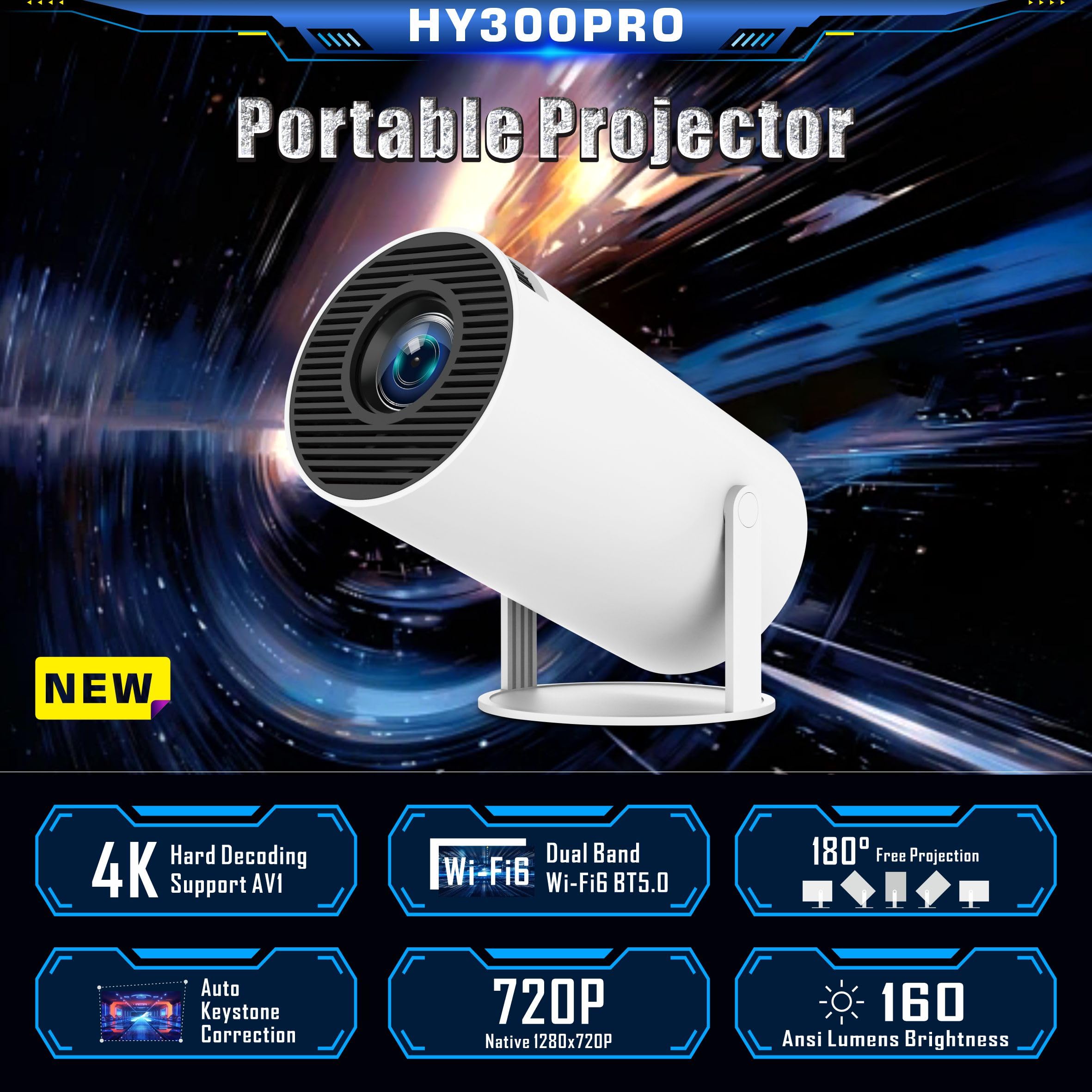 4K Mini Projector - Portable WiFi 6 Video Projector with Android 11, Full HD 1080P Support for Smartphone/PC/Laptop/Fire Stick, 180° Rotatable HDMI Home Theater Projector - Perfect for Movie Nights, Gaming & Outdoor Camping