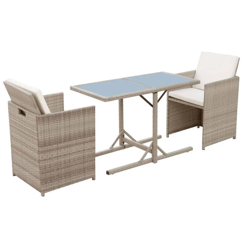 3-Piece Bistro Set with Cushions - Weather-Resistant Poly Rattan Patio Furniture in Beige - Perfect for Outdoor Dining, Garden, Balcony or Poolside Relaxation