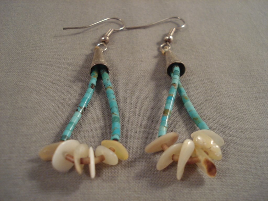 Vintage Santo Domingo Navajo Turquoise Heishi Native American Jewelry Sterling Silver Shell Earrings - Handmade Southwest Boho Style for Women, Perfect for Festivals & Boho Fashion