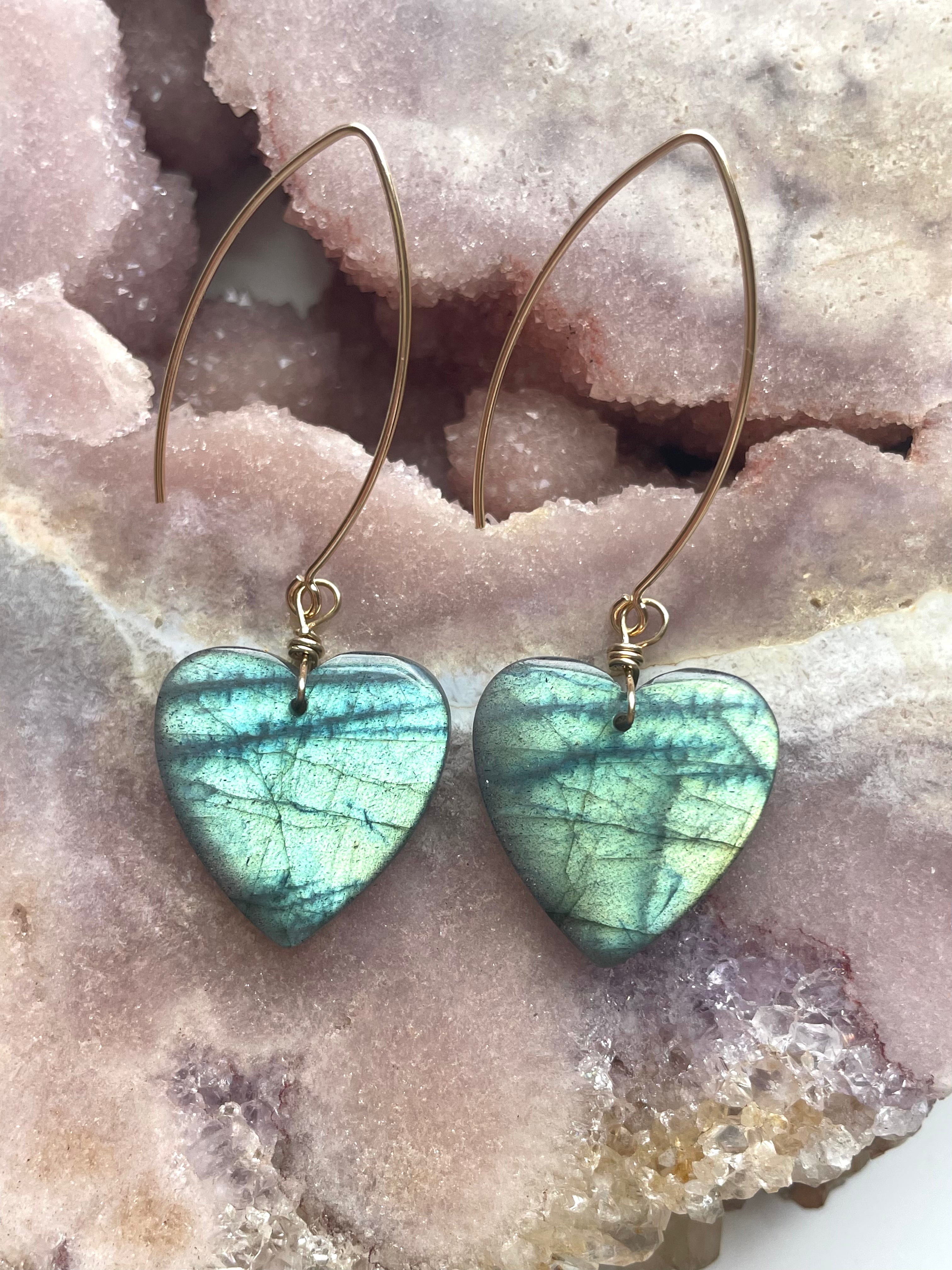 Statement Gold Labradorite Heart Dangle Drop Crystal Earrings for Women | Elegant Bohemian Jewelry for Party, Wedding & Special Occasions