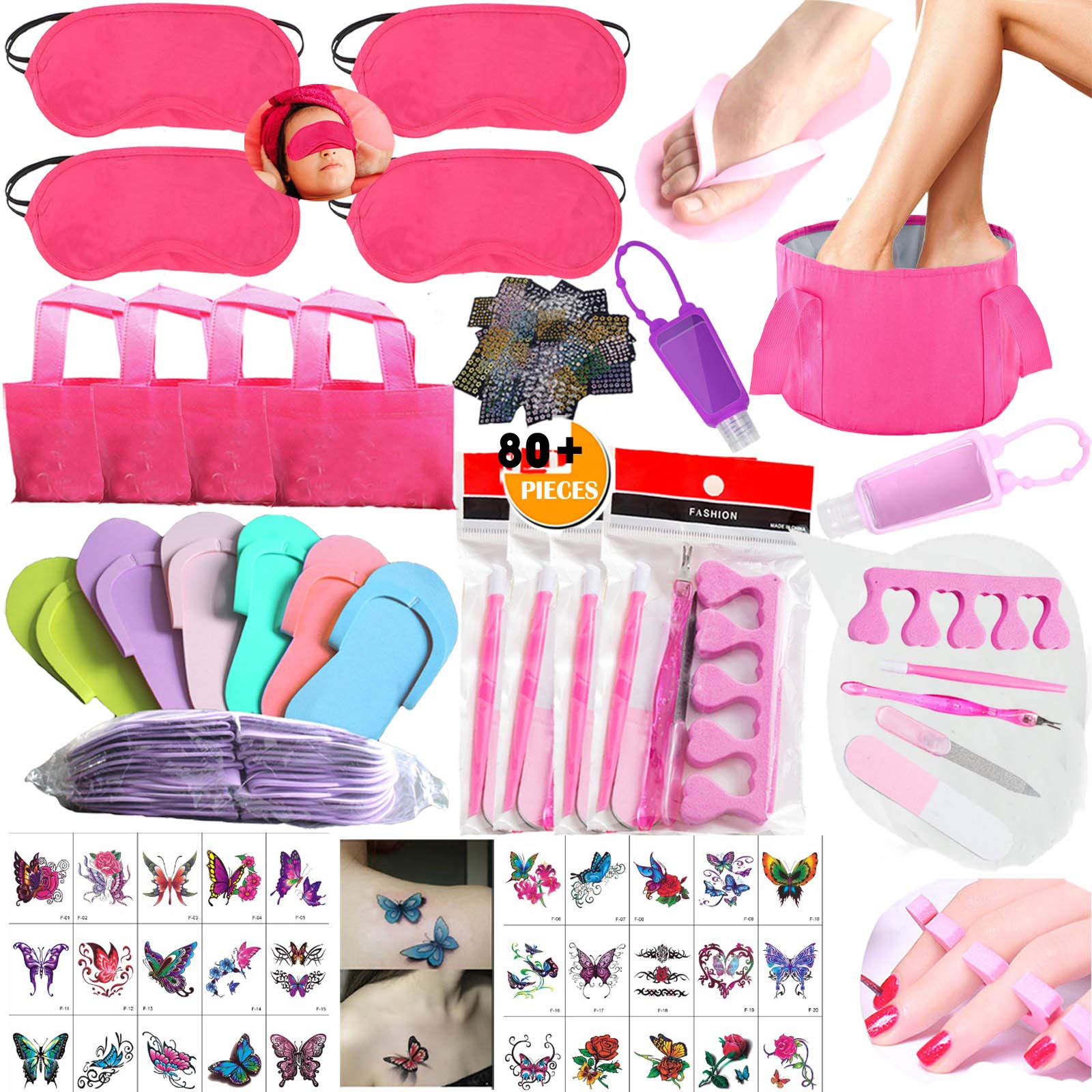 80+ PCS Girls Spa Party Kit - Spa Masks, Slippers, Bottles, Foldable Bath Basin, Bags, Nail Decals & Manicure Tools for Kids Spa Experience | Perfect for Birthday Parties, Sleepovers & DIY Home Spa Days