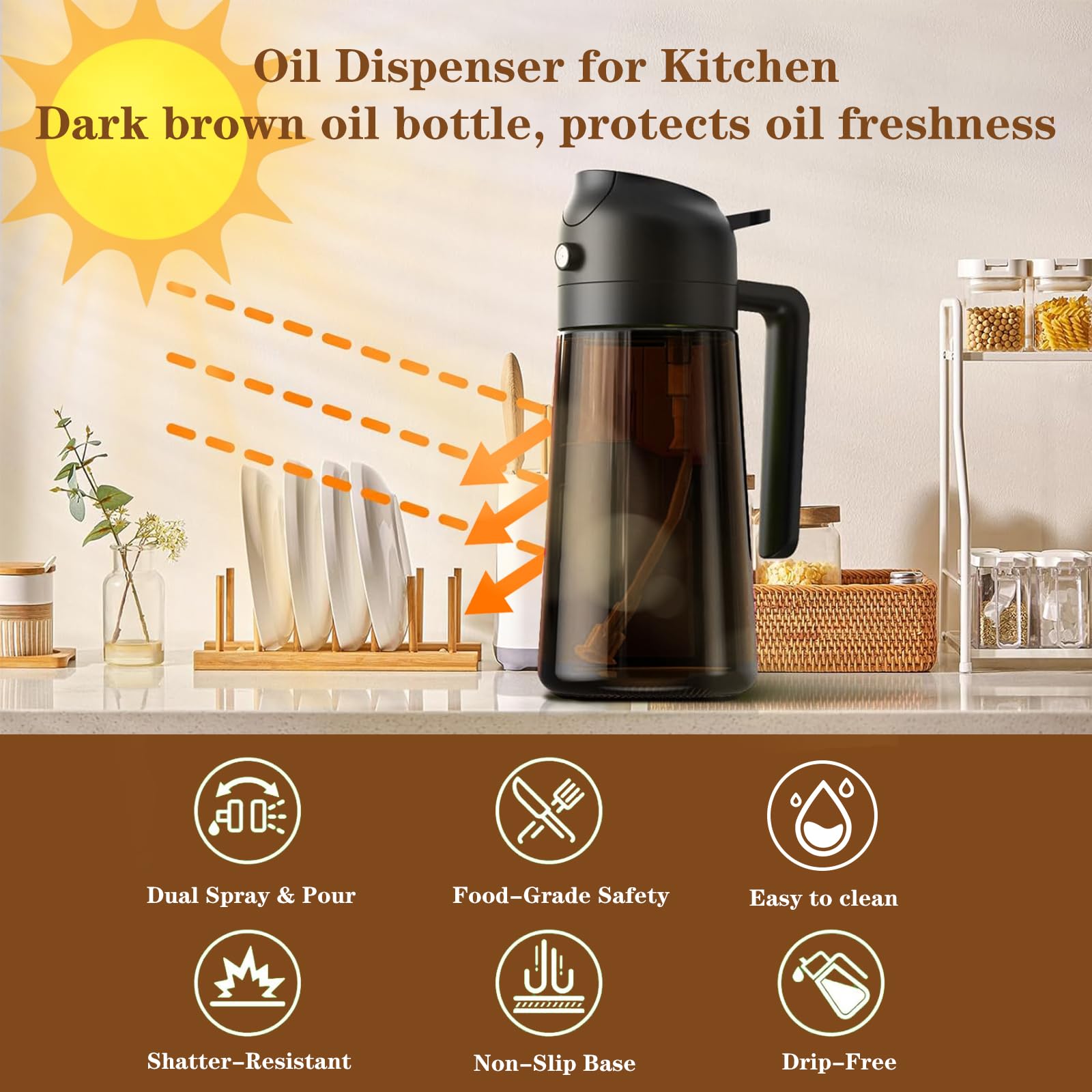 16oz Glass Oil Sprayer for Cooking - 2 in 1 Olive Oil Dispenser Bottle for Air Fryer & Salad