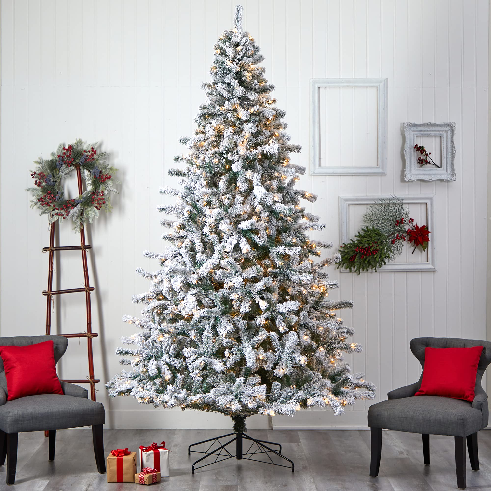 Nearly Natural 10ft Flocked Rock Springs Spruce Artificial Christmas Tree with 800 LED Lights & 1880 Bendable Branches | Premium Holiday Decor for Living Room, Office & Party