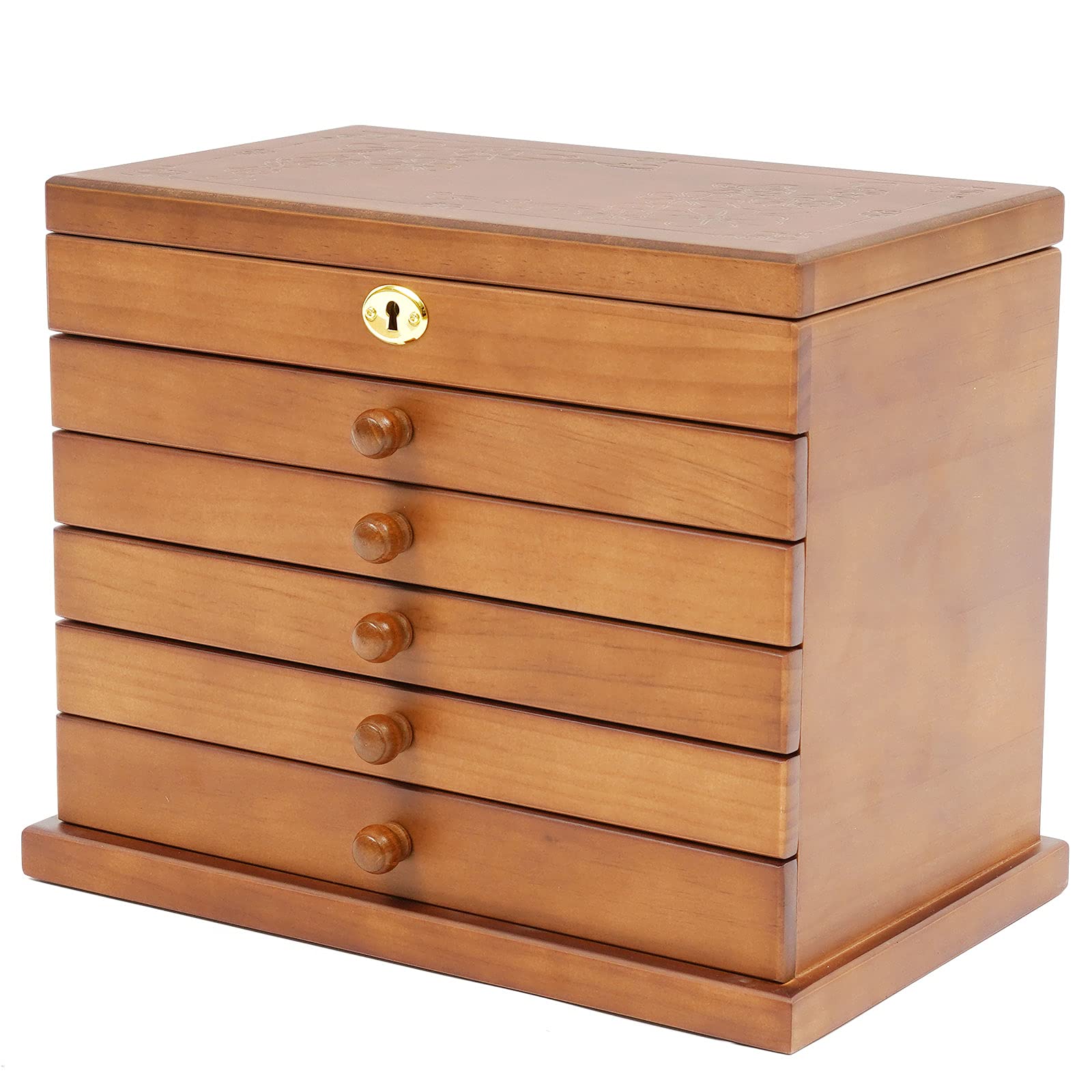 Large Wooden Jewelry Box for Women - 6-Layer Classic Jewelry Organizer with Mirror & Lock - Perfect for Watches, Necklaces, Rings (Brown) | Ideal for Bedroom Vanity, Travel Storage & Gift Giving
