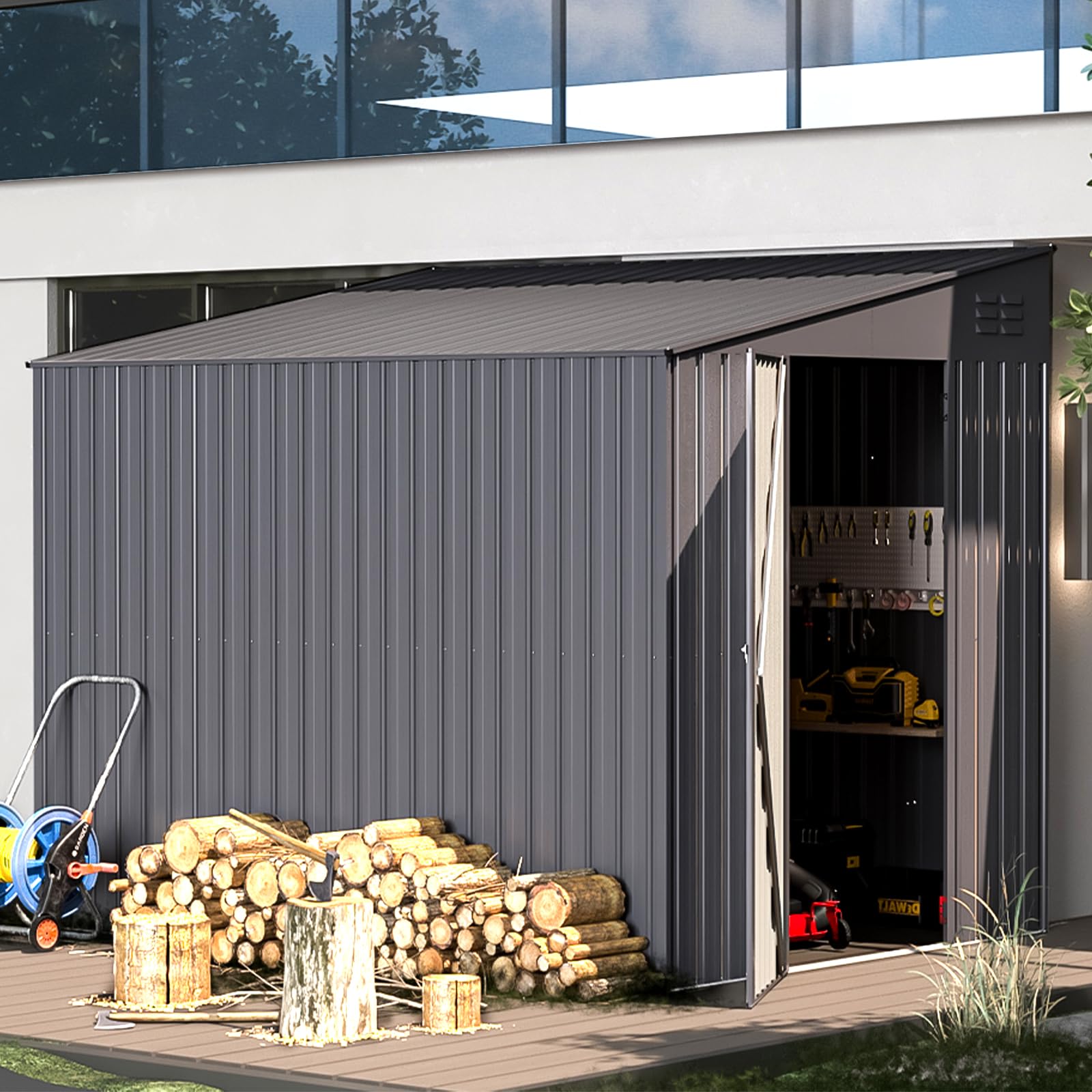 AECOJOY 6' x 8' Metal Storage Shed - Outdoor Lean-to Bike Shed, Garden Storage Cabinet for Backyard, Patio & Yard Organization | Weather-Resistant Dark Grey | Perfect for Storing Bikes, Tools & Outdoor Equipment