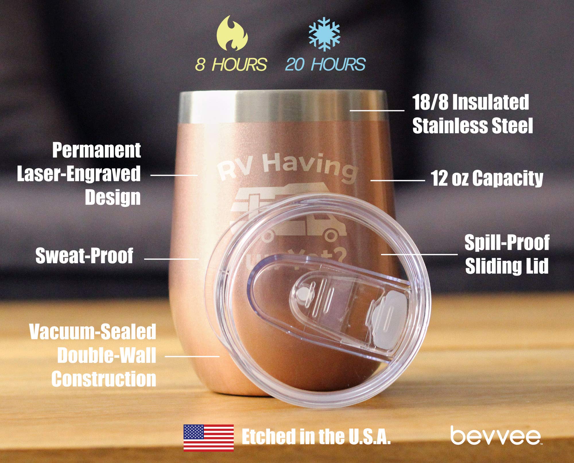 Bevvee RV Having Fun Yet Wine Tumbler with Sliding Lid - 14oz Stemless Stainless Steel Insulated Cup - Rose Gold Camping Mug for Outdoor, Travel & Picnic - Perfect for Wine, Cocktails & Cold Beverages