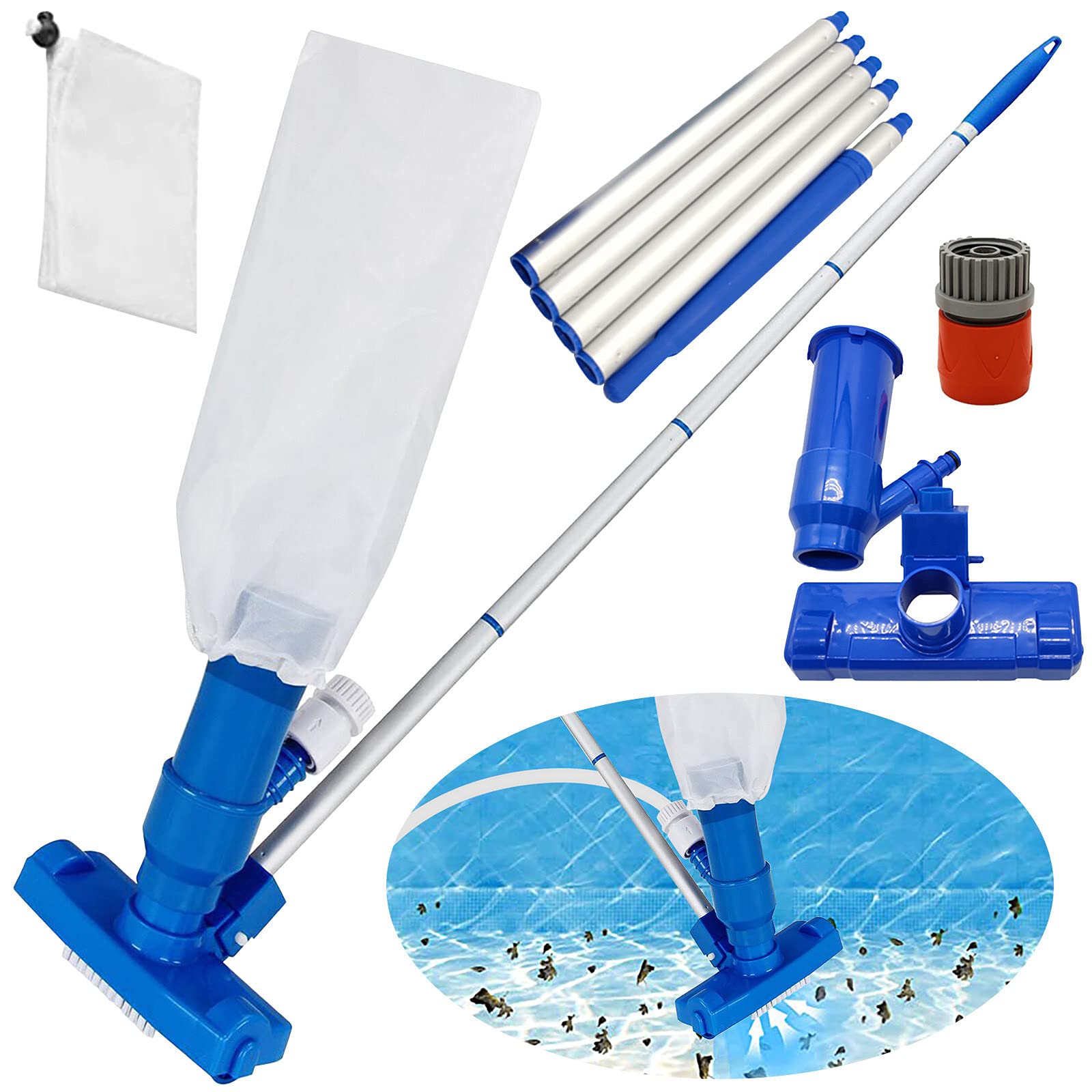Pool Vacuum Cleaner Head Kit with Side Brush - Weighted Swimming Pool Cleaner with Wheels, Universal Hose Adapter & Mesh Bag - Portable Fountain, Pond, Spa Cleaning Tool for Above Ground & Inground Pools
