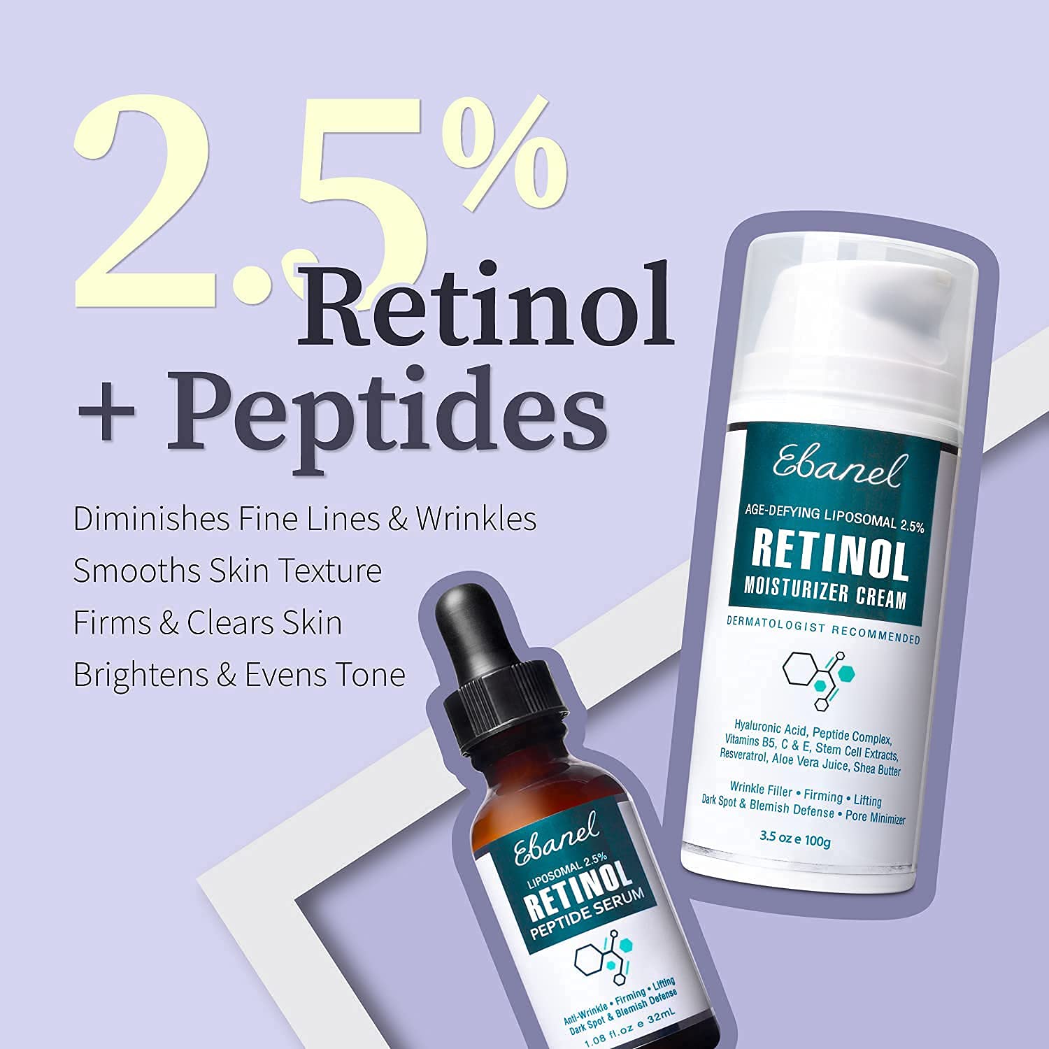 Ebanel 20% Vitamin C Serum + 2.5% Retinol Serum + Hyaluronic Acid Serum Bundle - Anti-Aging Skincare Set for Brightening, Wrinkles & Hydration - Perfect for Daily Facial Routine & Night Care