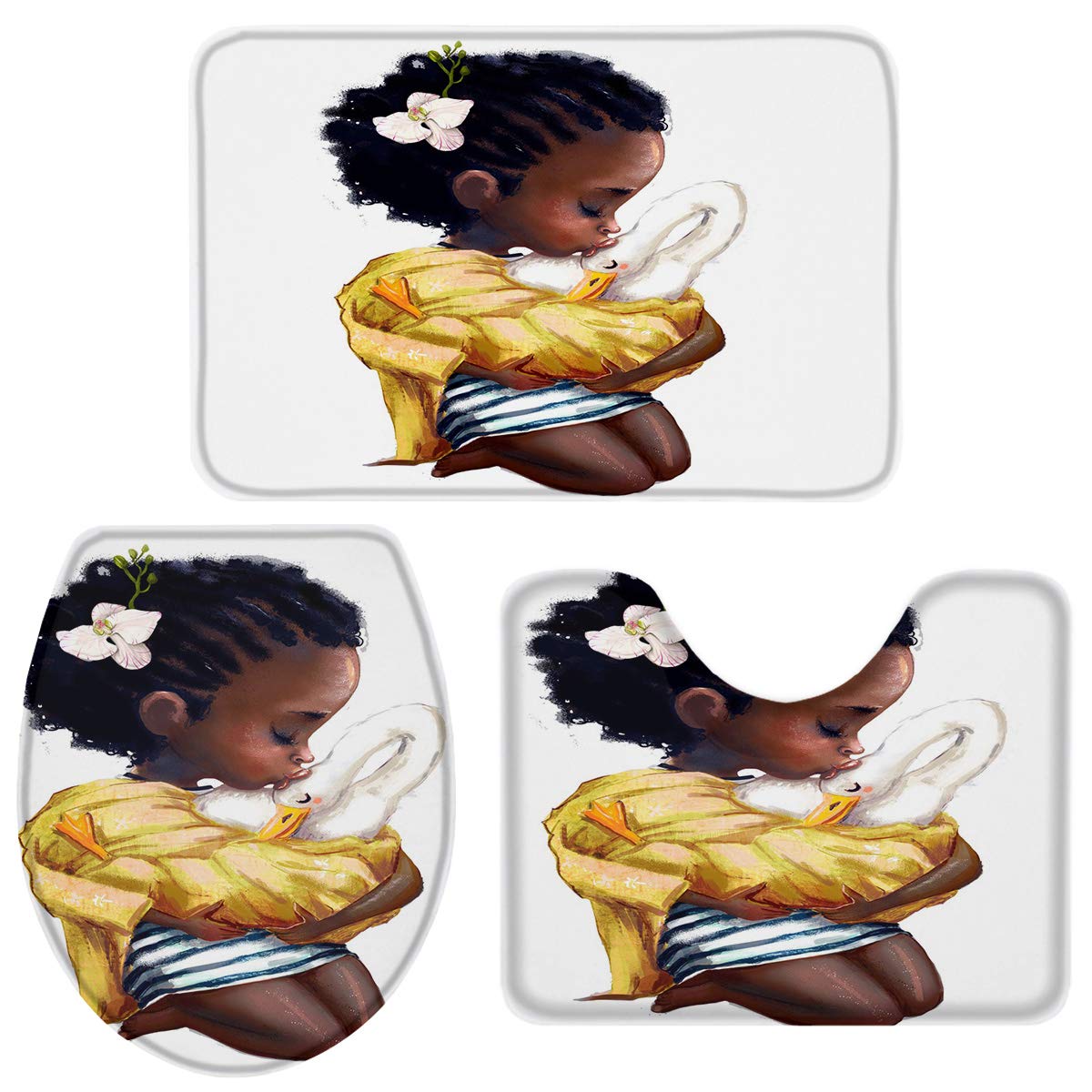 Queenker 3-Piece Bathroom Rug Set - Non-Slip Toilet Seat Cover, Pedestal Mat & Lid Cover with African Girl Holding Swan Print - Soft Contour Bath Mats for Bathroom Decor (Ideal for Home, Apartment & Guest Bathroom)