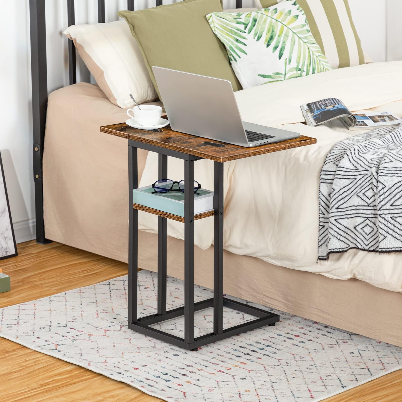 HOOBRO Foldable C-Shaped End Table with Storage Shelf - Rustic Brown Small Side Table for Living Room, Bedroom, Office - Space Saving Snack Table for Small Spaces - Easy Assembly (Model BF29SF01) - Perfect for Coffee, Books, or as a Nightstand