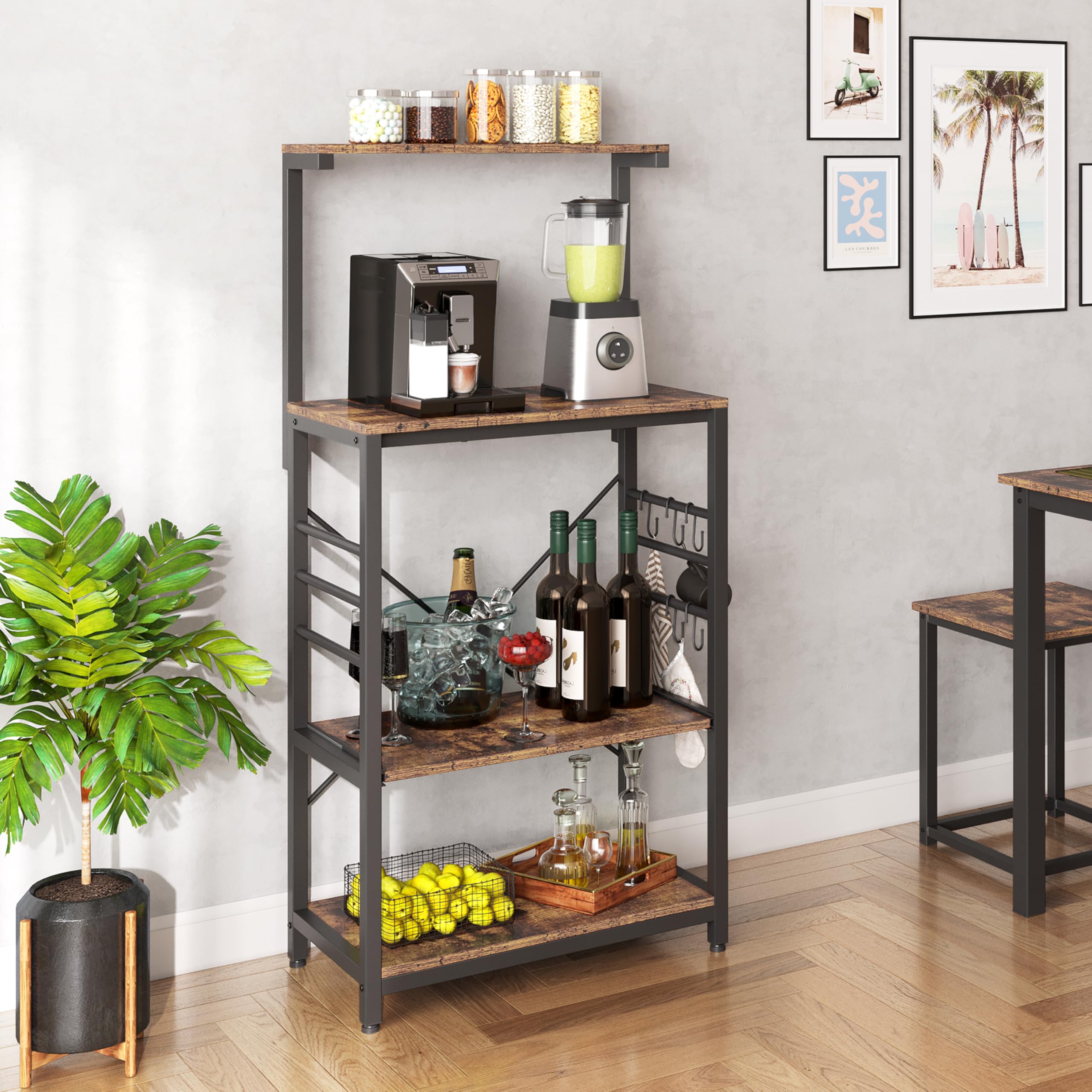 Yaheetech 3-Tier Bakers Rack with Wheels - Microwave Stand, Coffee Bar Cart with 6 Hooks & Sliding Shelf - Rustic Brown Kitchen Utility Storage Cart with Spice Rack - Perfect for Small Kitchens, Dining Rooms & Coffee Stations