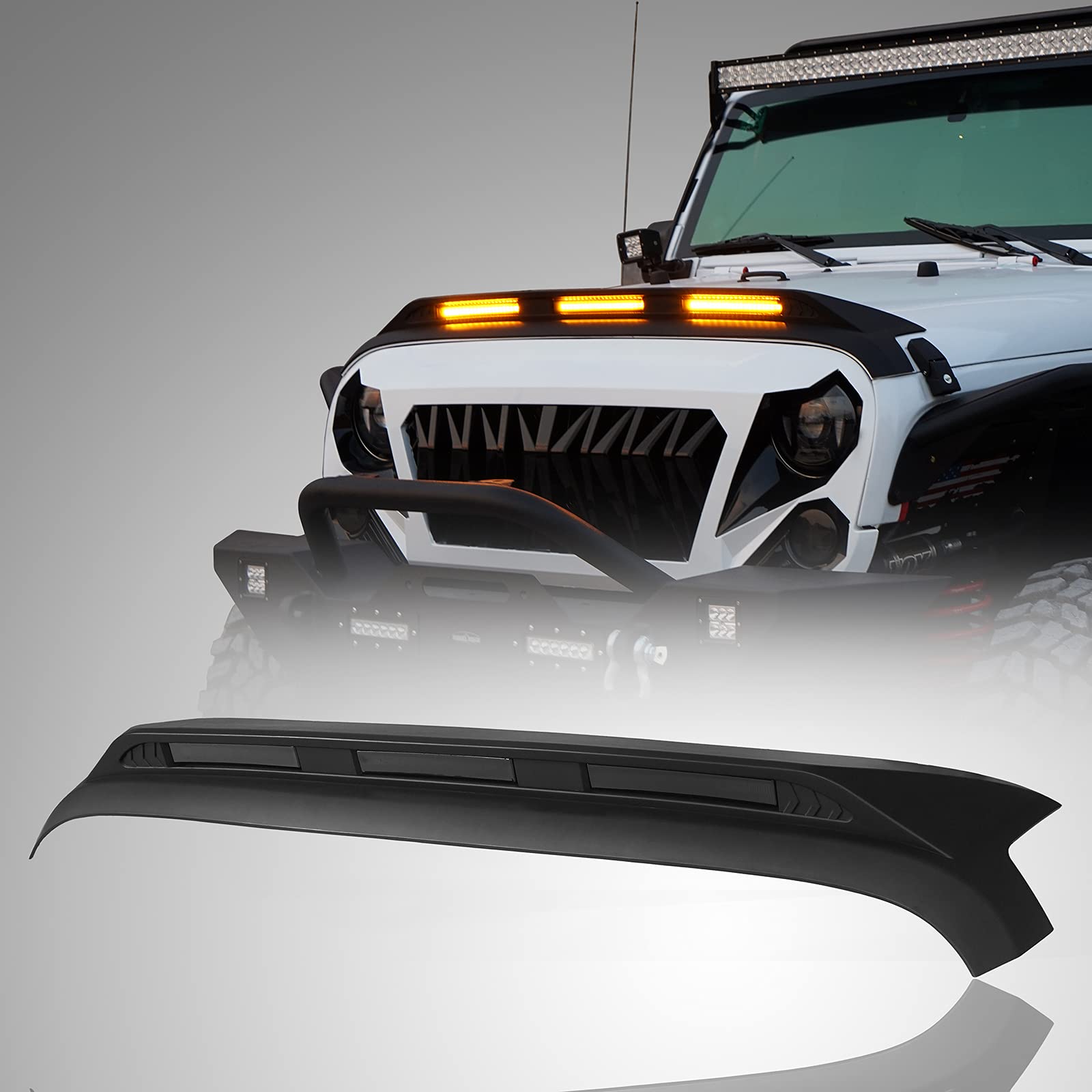 V8 GOD Hood Protector Bug Deflector with Amber Lights for Jeep Wrangler JK & Unlimited (2007-2018) | Durable Windshield Protection | Off-Road Adventure & Highway Driving Accessory