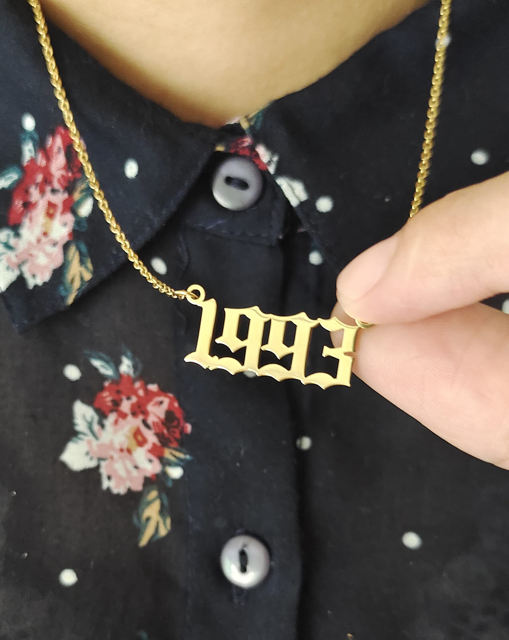Birth Year Necklace for Women - Custom Number Pendant Jewelry with Old English Charm - 18k Gold Plated or Silver Angel Friendship Necklace - Perfect Birthday Gift & Anniversary Present for Her