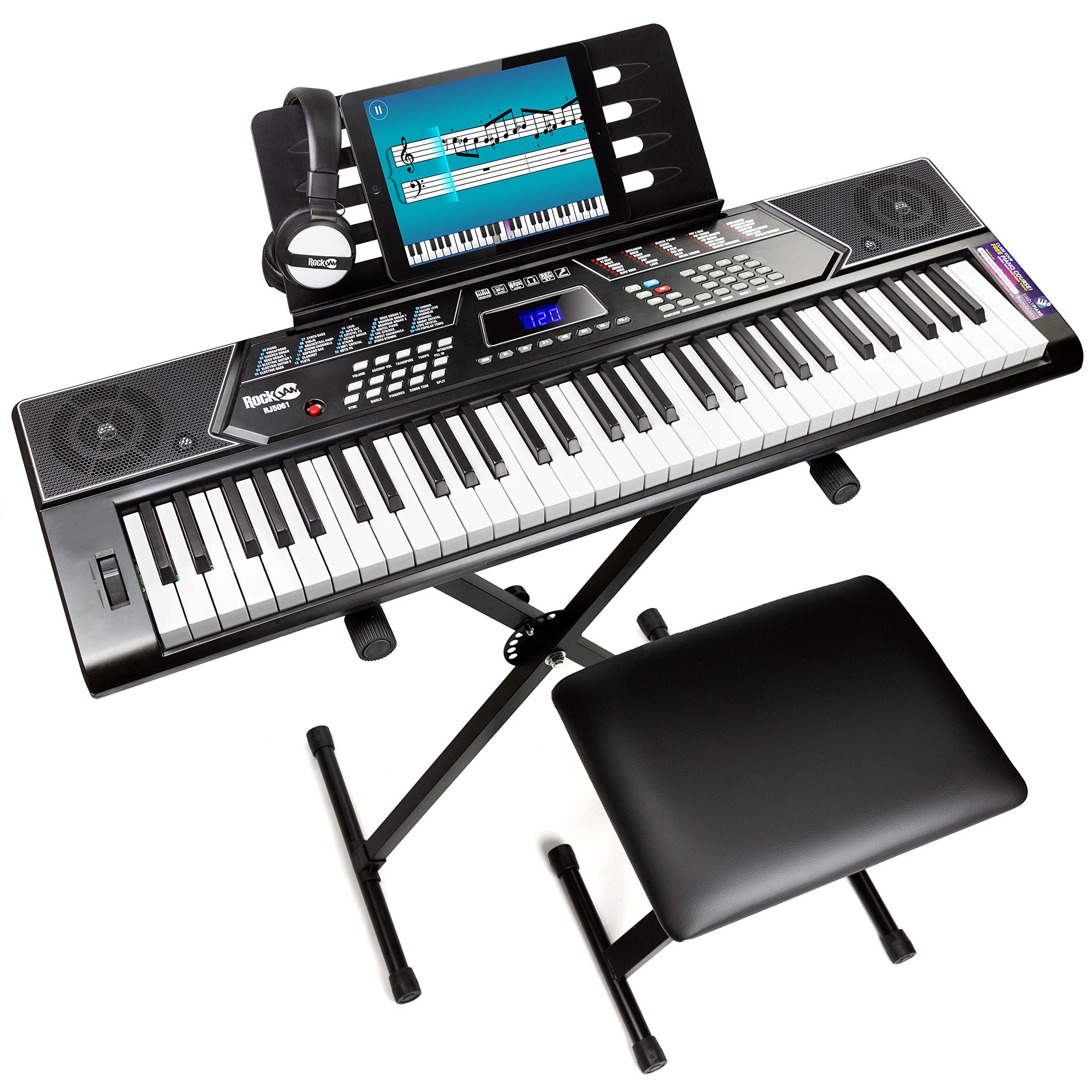 RockJam 61-Key Electronic Keyboard Piano with Stand, Bench, Headphones, Pitch Bend Kit & Simply Piano App - Perfect for Beginners, Home Practice & Music Lessons