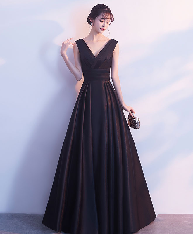 Elegant Black V-Neck Satin Long Prom Dress - Formal Evening Gown for Bridesmaids, Homecoming, and Special Occasions