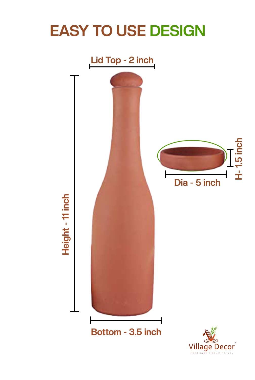Village Decor Preseasoned Handmade Terracotta Water Bottle with Cork & Tray - 27oz Clay Mud Bottle for Home, Office & Outdoor Use | Natural Cooling Water Storage