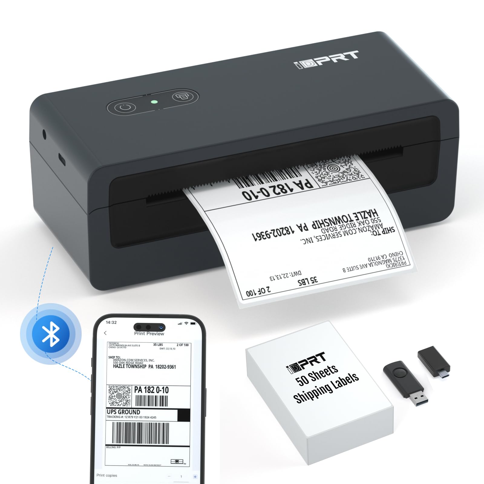 iDPRT 4x6 Bluetooth Thermal Shipping Label Printer for Small Business - Compatible with Android, iPhone, Windows, macOS - Perfect for Amazon, Shopify, eBay, Etsy & USPS Packages - Ideal for Home Office, Warehouse & E-commerce Shipping