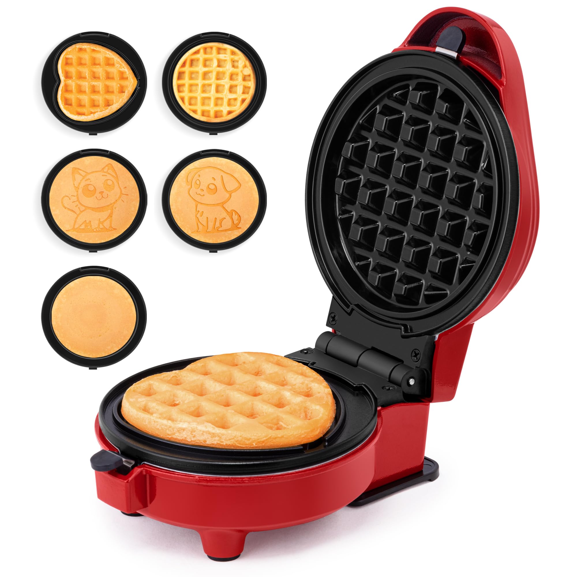 Holstein Housewares Mini 4-Inch Waffle Maker & Personal Griddle with 7 Interchangeable Plates - Make Fun-Shaped Waffles, Pancakes, Eggs (Dog, Cat, Heart Designs) - Perfect for Kids Breakfast, Party Treats & Family Cooking