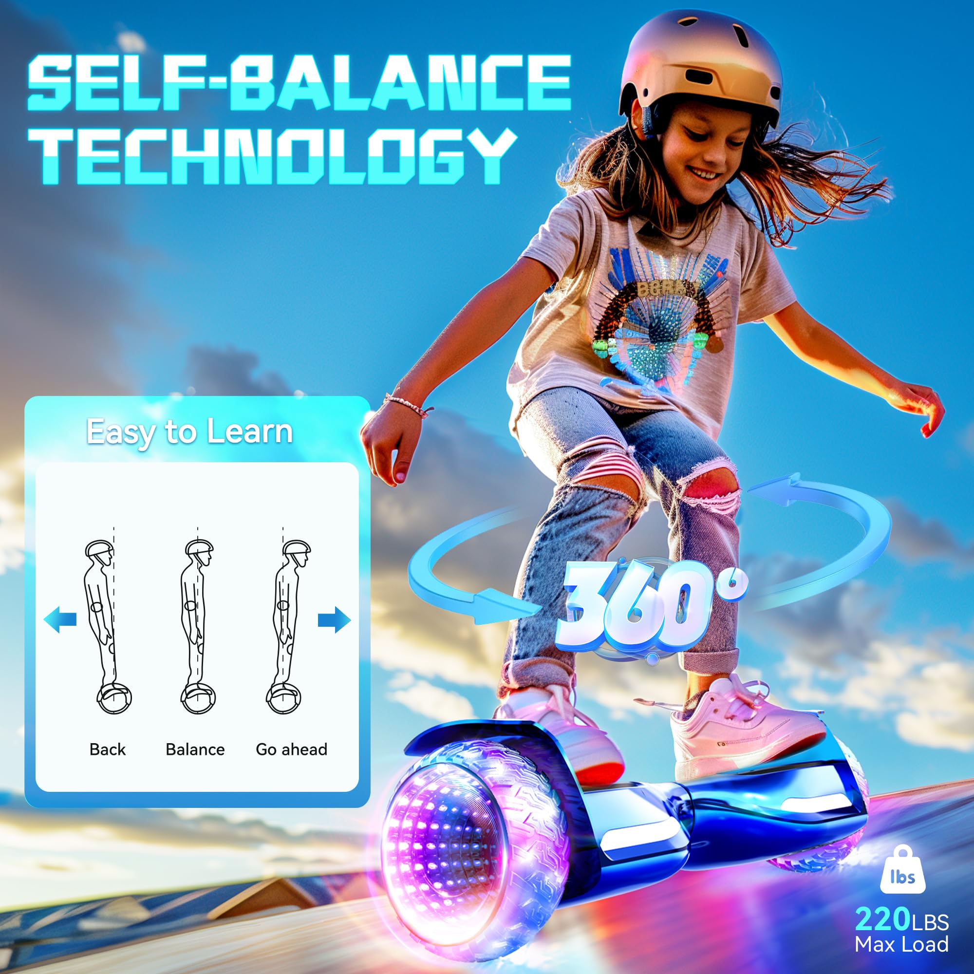 Electric Scooter with Colorful LED Lights & Bluetooth Speaker - 6.5
