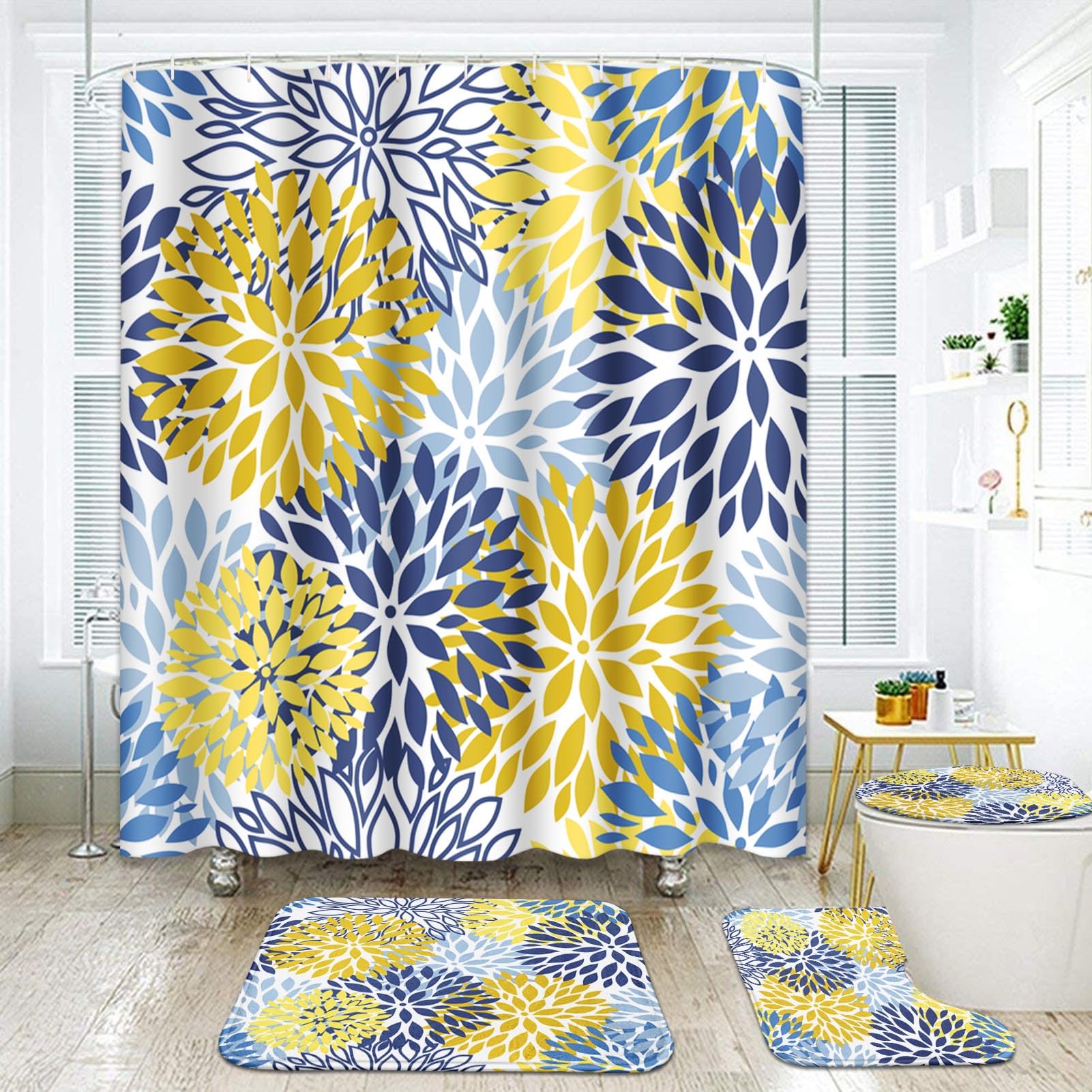 Spring Floral Bathroom Set with Shower Curtain, Rugs & Accessories - Blue Yellow Navy Flower Abstract Grey Plant Leaf Design - 4 Piece Bath Decor for Modern Home & Spa Retreat
