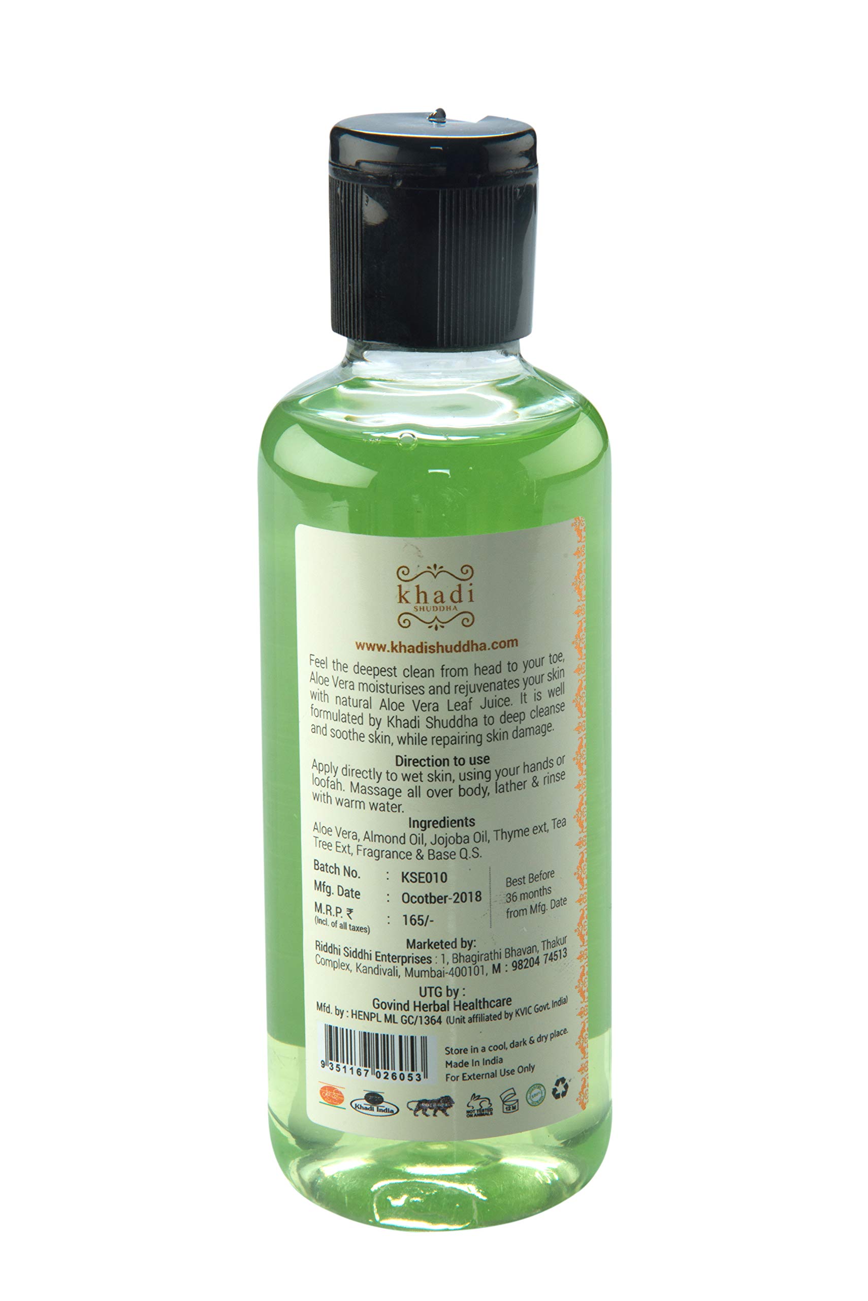 Khadi Shuddha Aloe Vera Body Wash 210ml - SLS Free, SLES Free, Paraben Free, Natural Green Formula for Hydrating & Soothing Skin | Perfect for Sensitive Skin & Daily Body Care Routine